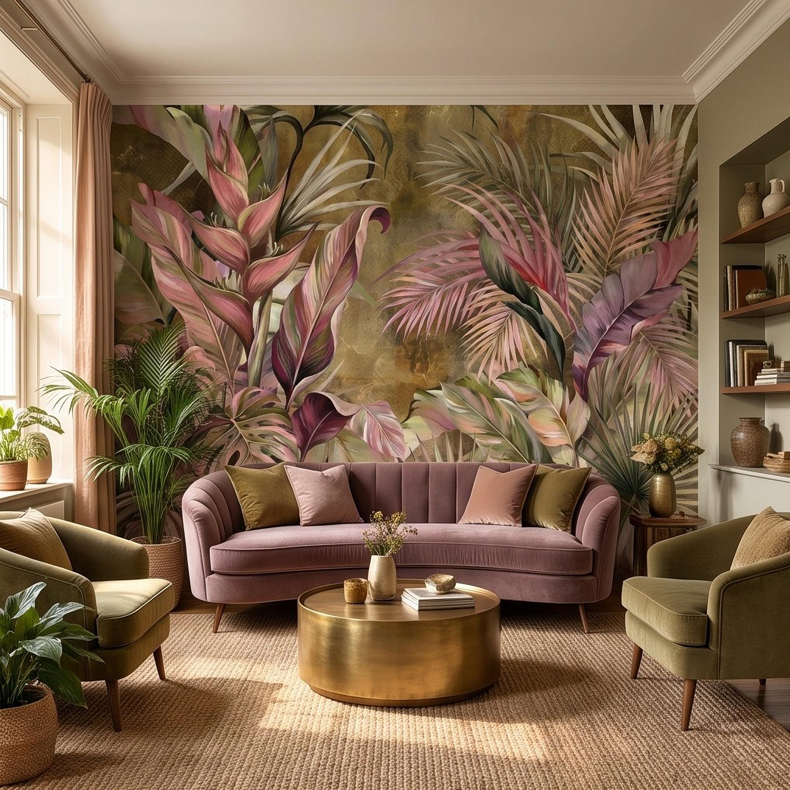 Tropical Botanical Peel and Stick Wall Mural, Monstera Palm Leaves Blush Pink Foliage Olive Green Lush Exotic Wallpaper
