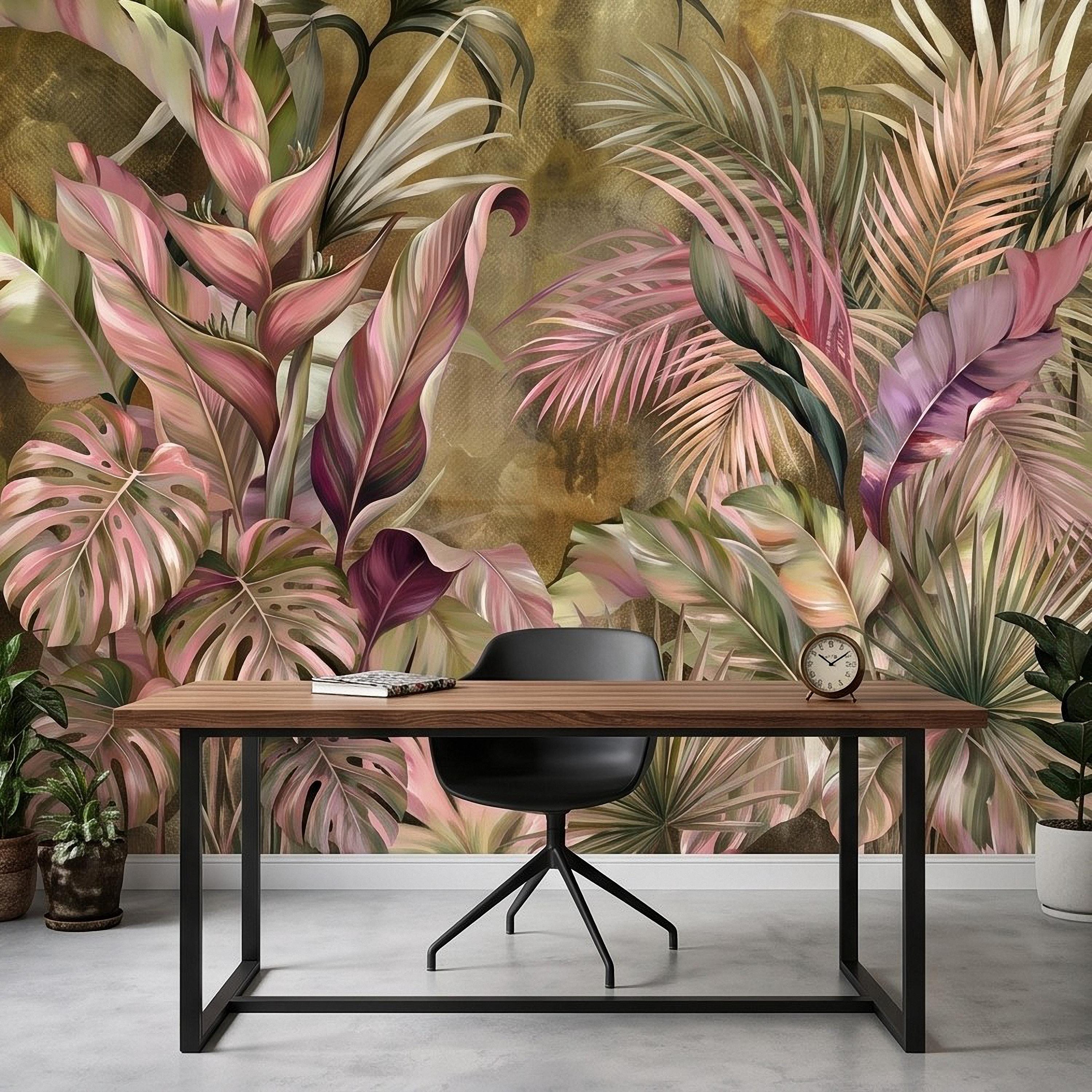 Tropical Botanical Peel and Stick Wall Mural, Monstera Palm Leaves Blush Pink Foliage Olive Green Lush Exotic Wallpaper
