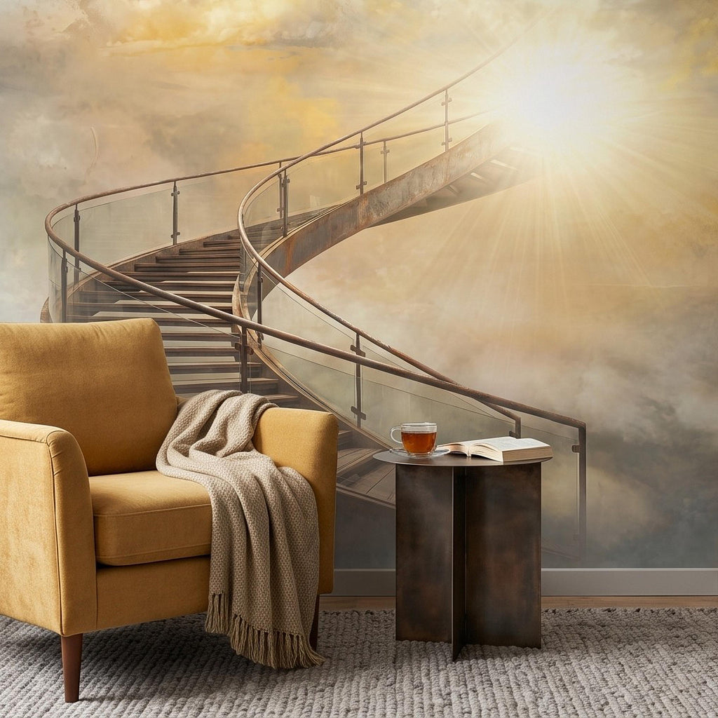 Stairway to Heaven Peel and Stick Wall Mural, Golden Clouds Heavenly Light Spiritual Sky Dreamscape Fantasy Wallpaper