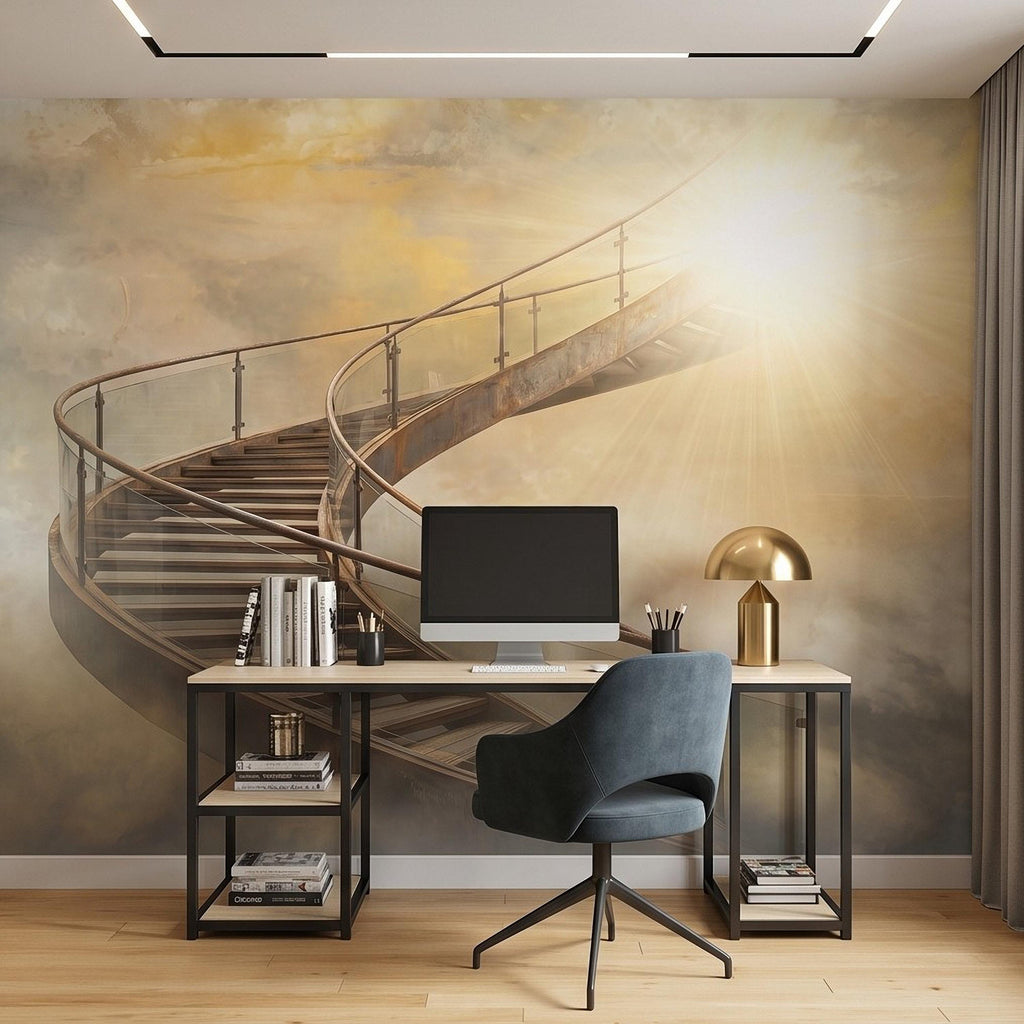 Stairway to Heaven Peel and Stick Wall Mural, Golden Clouds Heavenly Light Spiritual Sky Dreamscape Fantasy Wallpaper