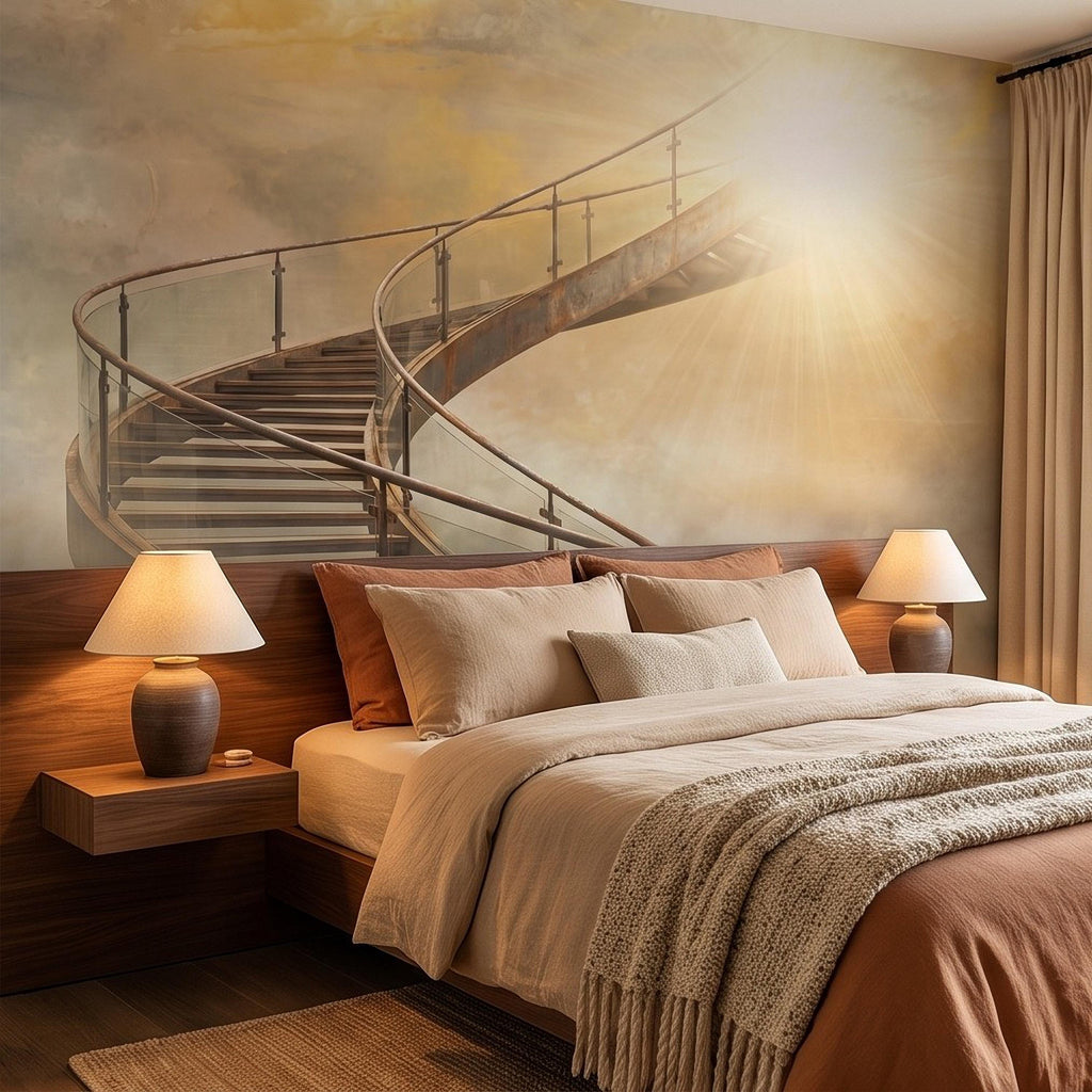 Stairway to Heaven Peel and Stick Wall Mural, Golden Clouds Heavenly Light Spiritual Sky Dreamscape Fantasy Wallpaper