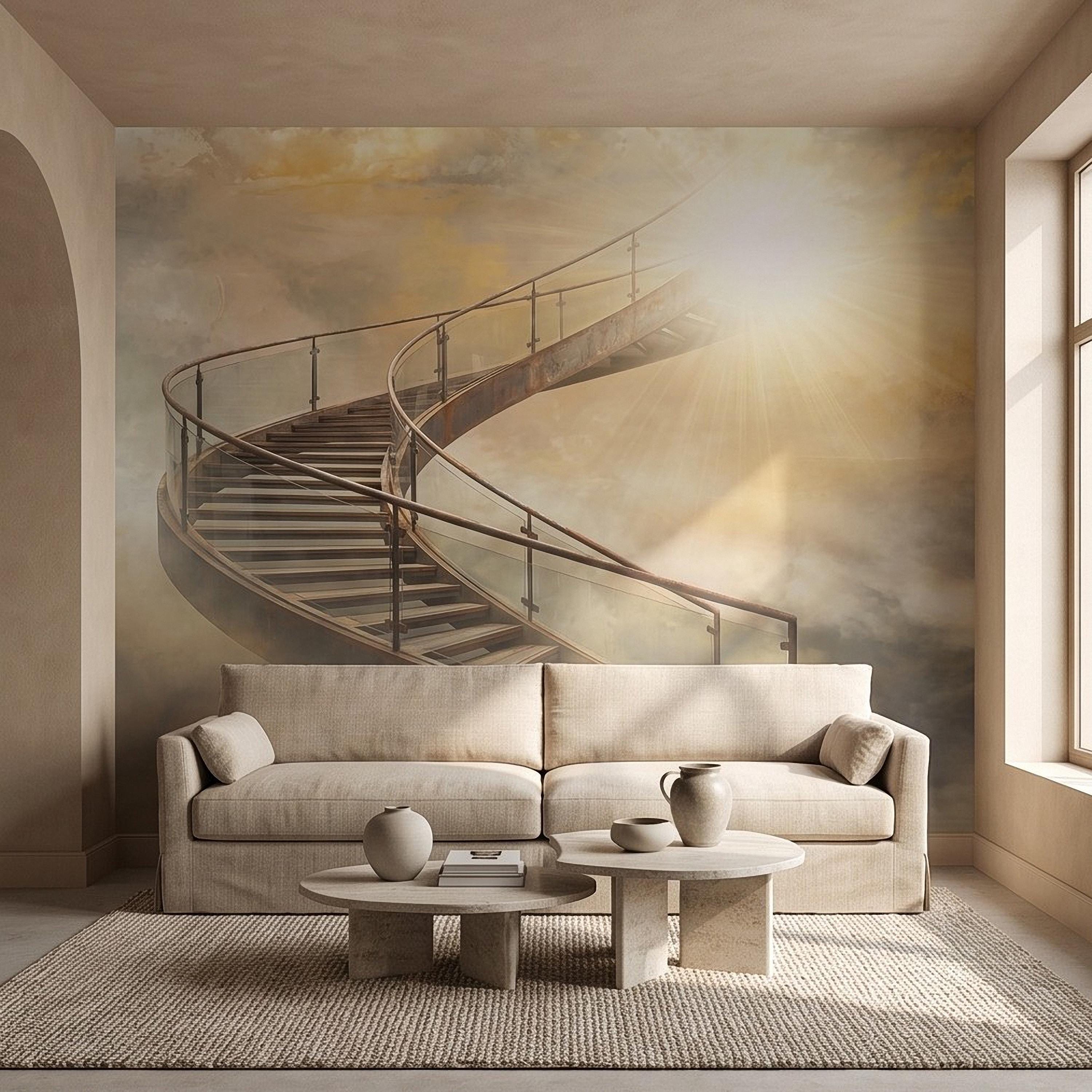 Stairway to Heaven Peel and Stick Wall Mural, Golden Clouds Heavenly Light Spiritual Sky Dreamscape Fantasy Wallpaper