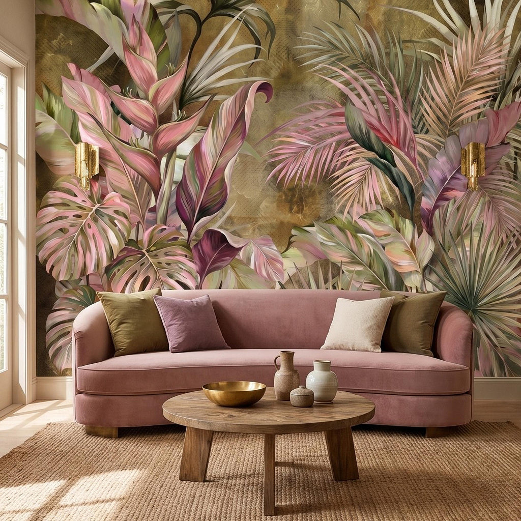 Tropical Botanical Peel and Stick Wall Mural, Monstera Palm Leaves Blush Pink Foliage Olive Green Lush Exotic Wallpaper