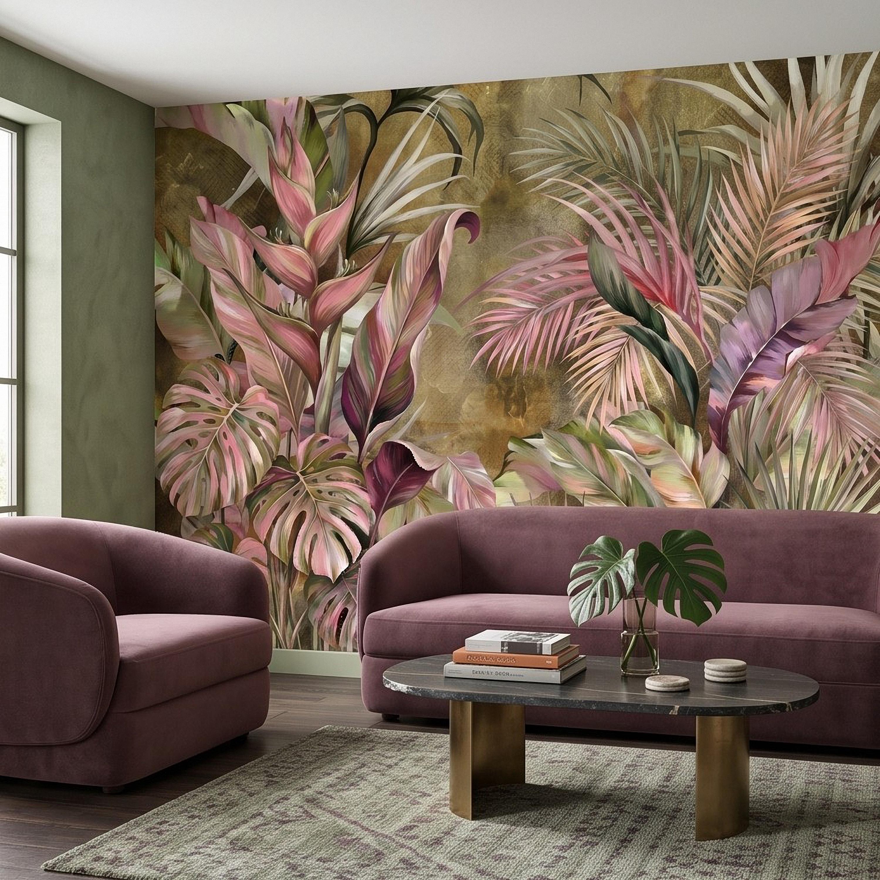 Tropical Botanical Peel and Stick Wall Mural, Monstera Palm Leaves Blush Pink Foliage Olive Green Lush Exotic Wallpaper