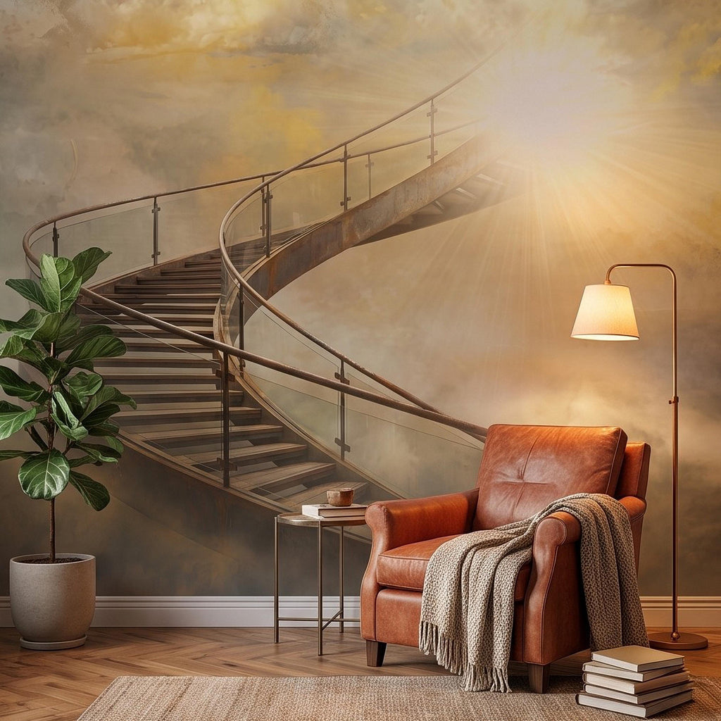 Stairway to Heaven Peel and Stick Wall Mural, Golden Clouds Heavenly Light Spiritual Sky Dreamscape Fantasy Wallpaper