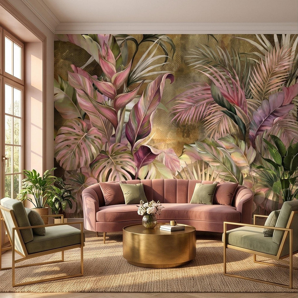 Tropical Botanical Peel and Stick Wall Mural, Monstera Palm Leaves Blush Pink Foliage Olive Green Lush Exotic Wallpaper