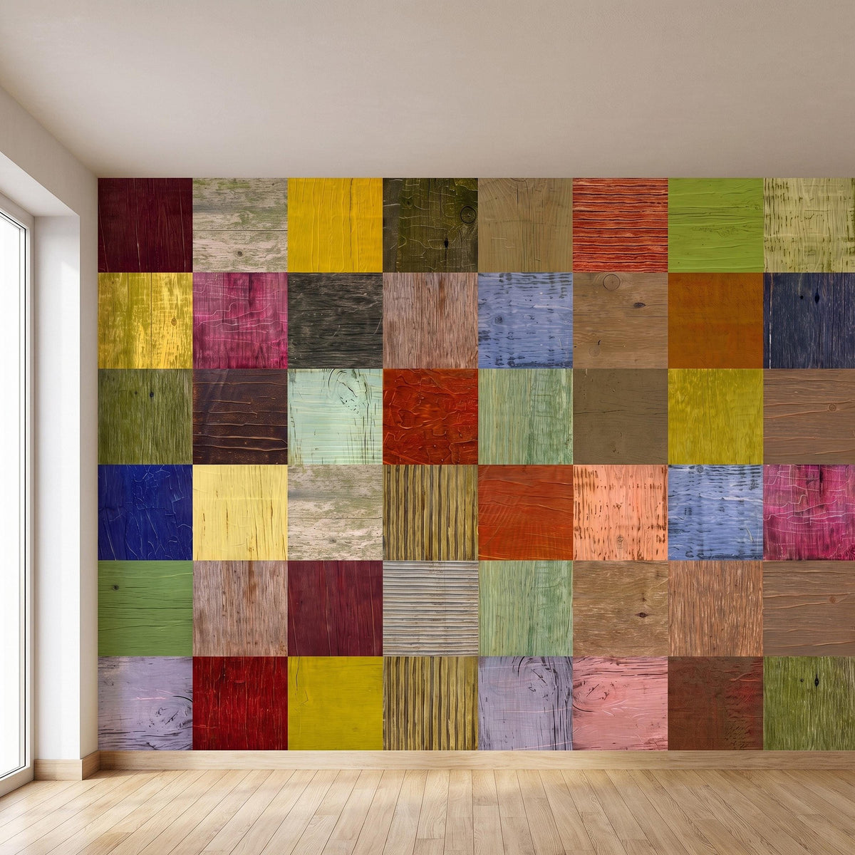 Colorful patchwork wooden plank wall mural showing wide multicolor square pattern