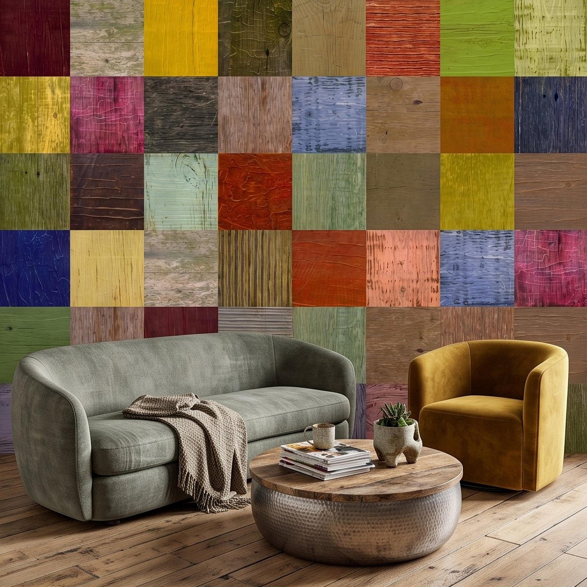 Colorful patchwork wooden plank wall mural with distressed multicolor blocks