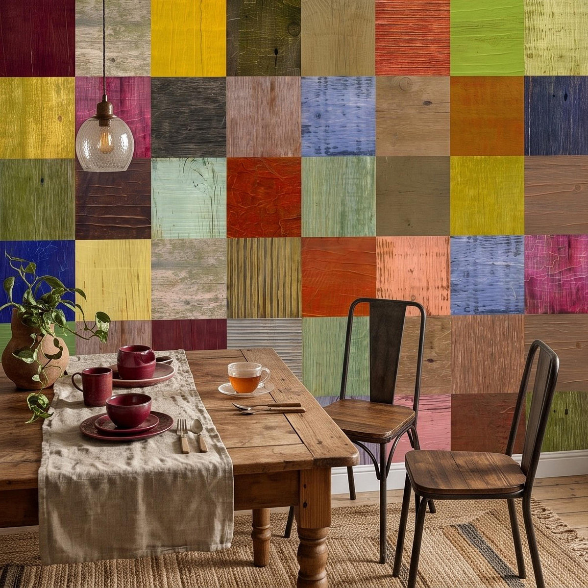 Colorful patchwork wooden plank wall mural with varied grain and distressed paint