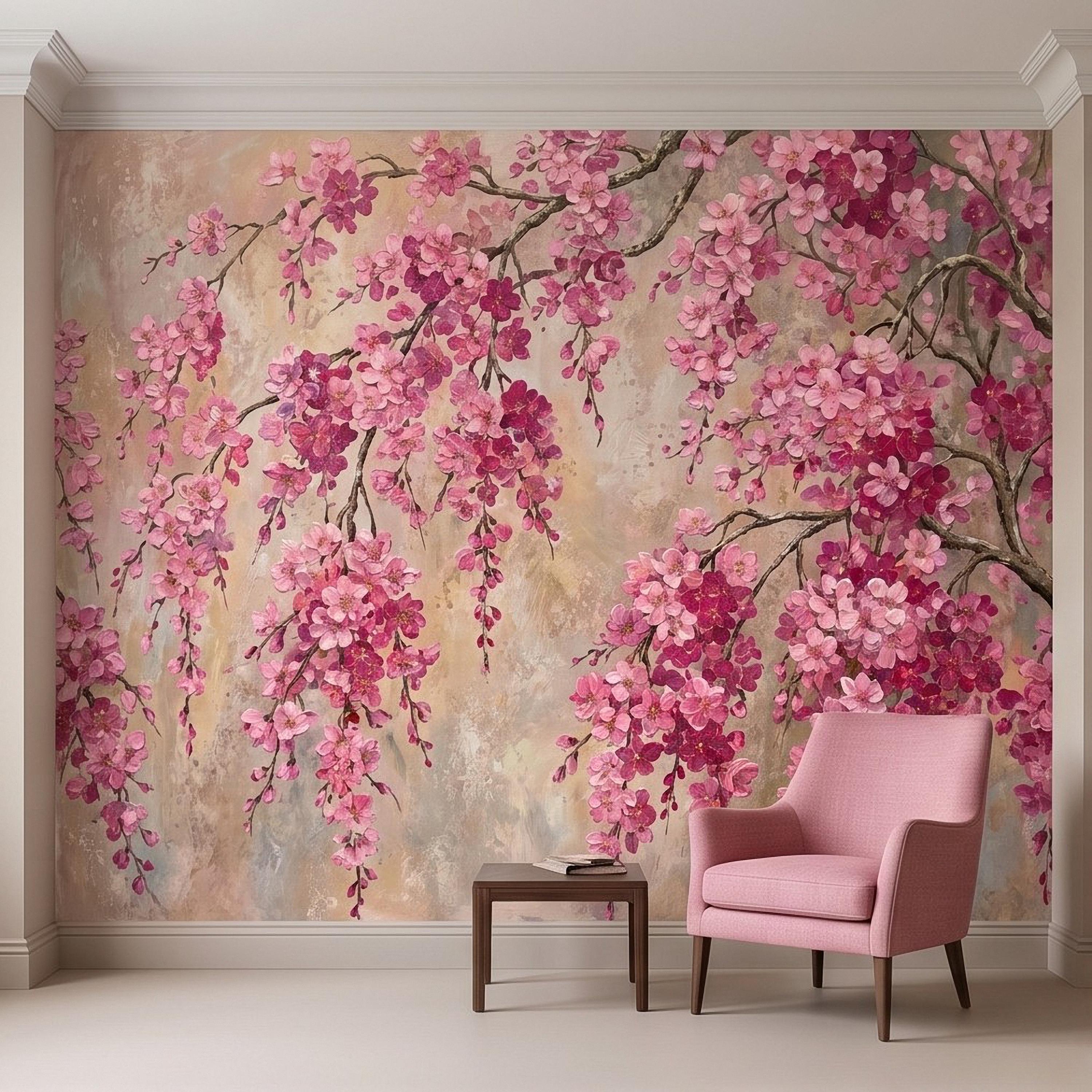 Cherry Blossom Peel and Stick Wall Mural, Pink Sakura Branches Floral Oil Painting Romantic Japanese Spring Wallpaper