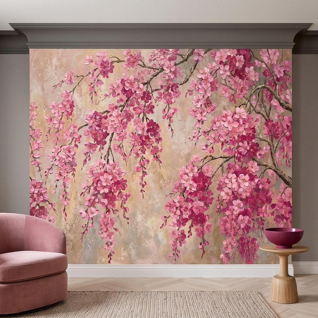 Cherry Blossom Peel and Stick Wall Mural, Pink Sakura Branches Floral Oil Painting Romantic Japanese Spring Wallpaper