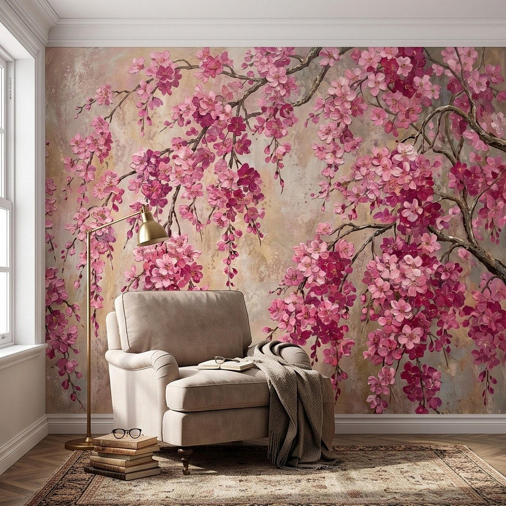 Cherry Blossom Peel and Stick Wall Mural, Pink Sakura Branches Floral Oil Painting Romantic Japanese Spring Wallpaper