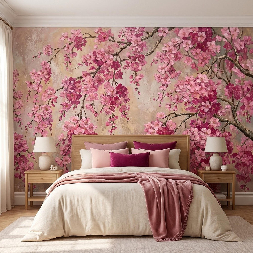 Cherry Blossom Peel and Stick Wall Mural, Pink Sakura Branches Floral Oil Painting Romantic Japanese Spring Wallpaper
