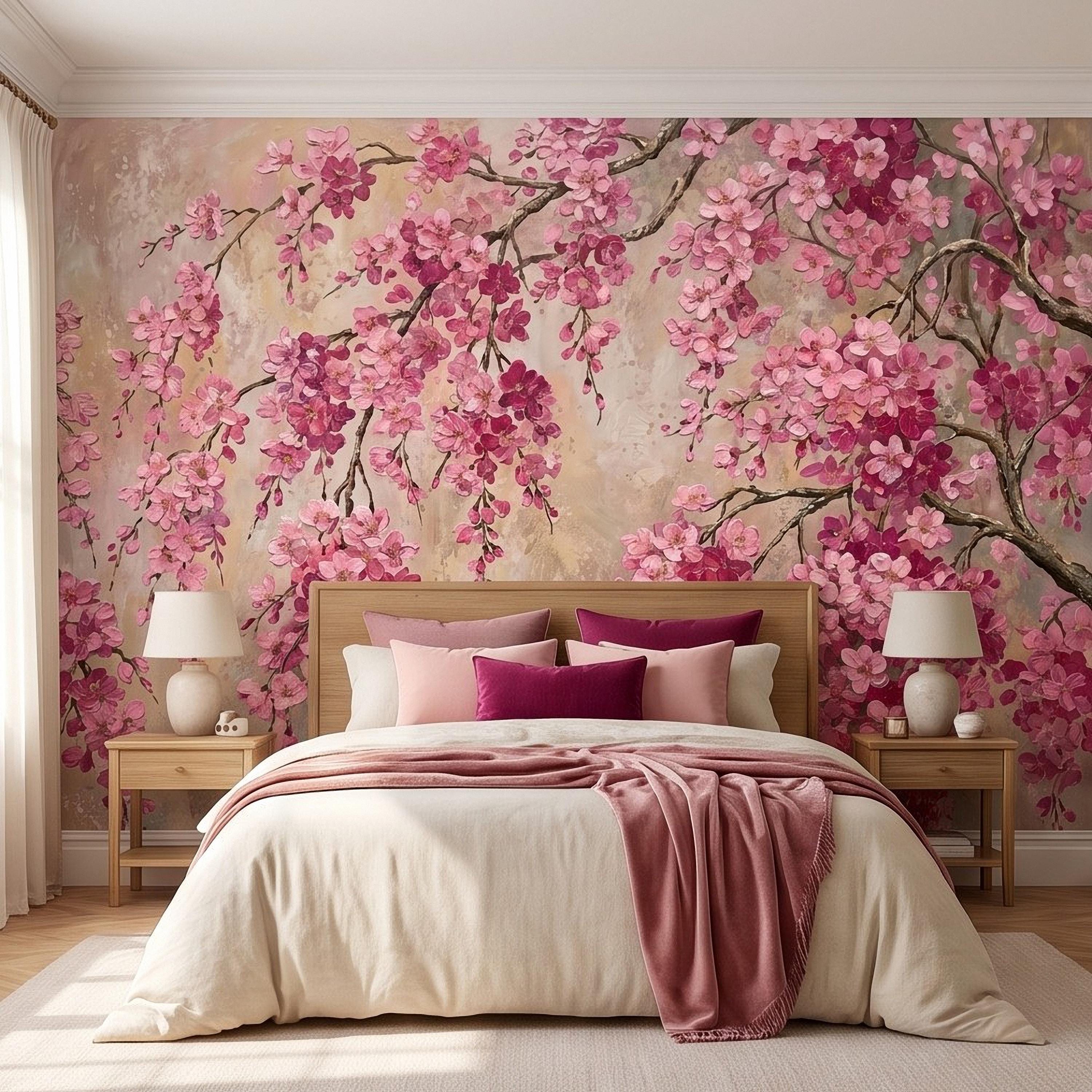 Cherry Blossom Peel and Stick Wall Mural, Pink Sakura Branches Floral Oil Painting Romantic Japanese Spring Wallpaper