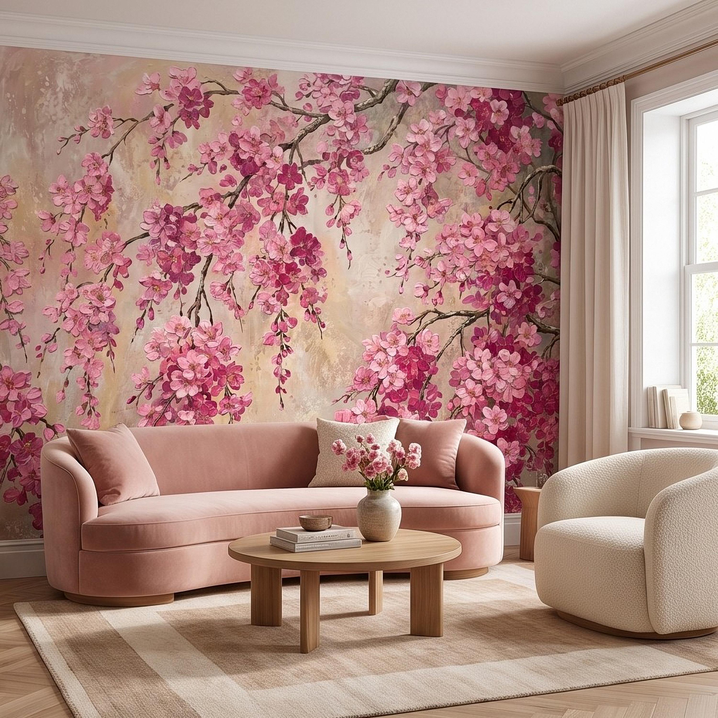Cherry Blossom Peel and Stick Wall Mural, Pink Sakura Branches Floral Oil Painting Romantic Japanese Spring Wallpaper