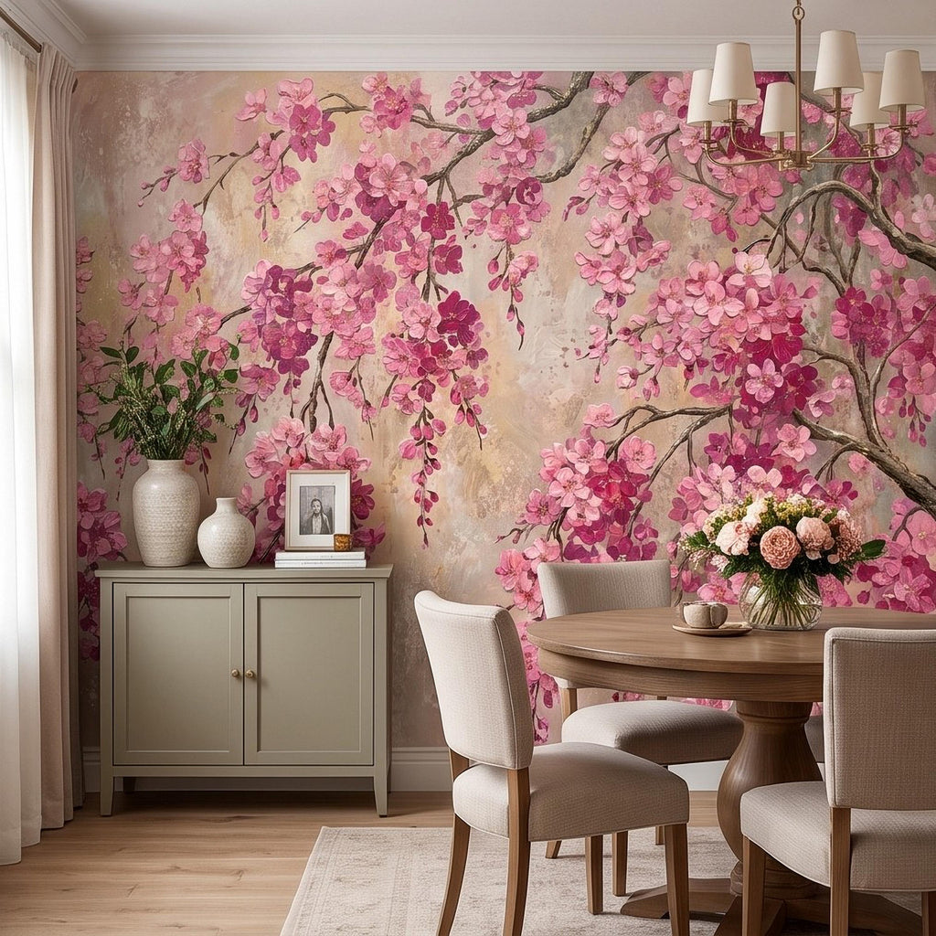 Cherry Blossom Peel and Stick Wall Mural, Pink Sakura Branches Floral Oil Painting Romantic Japanese Spring Wallpaper