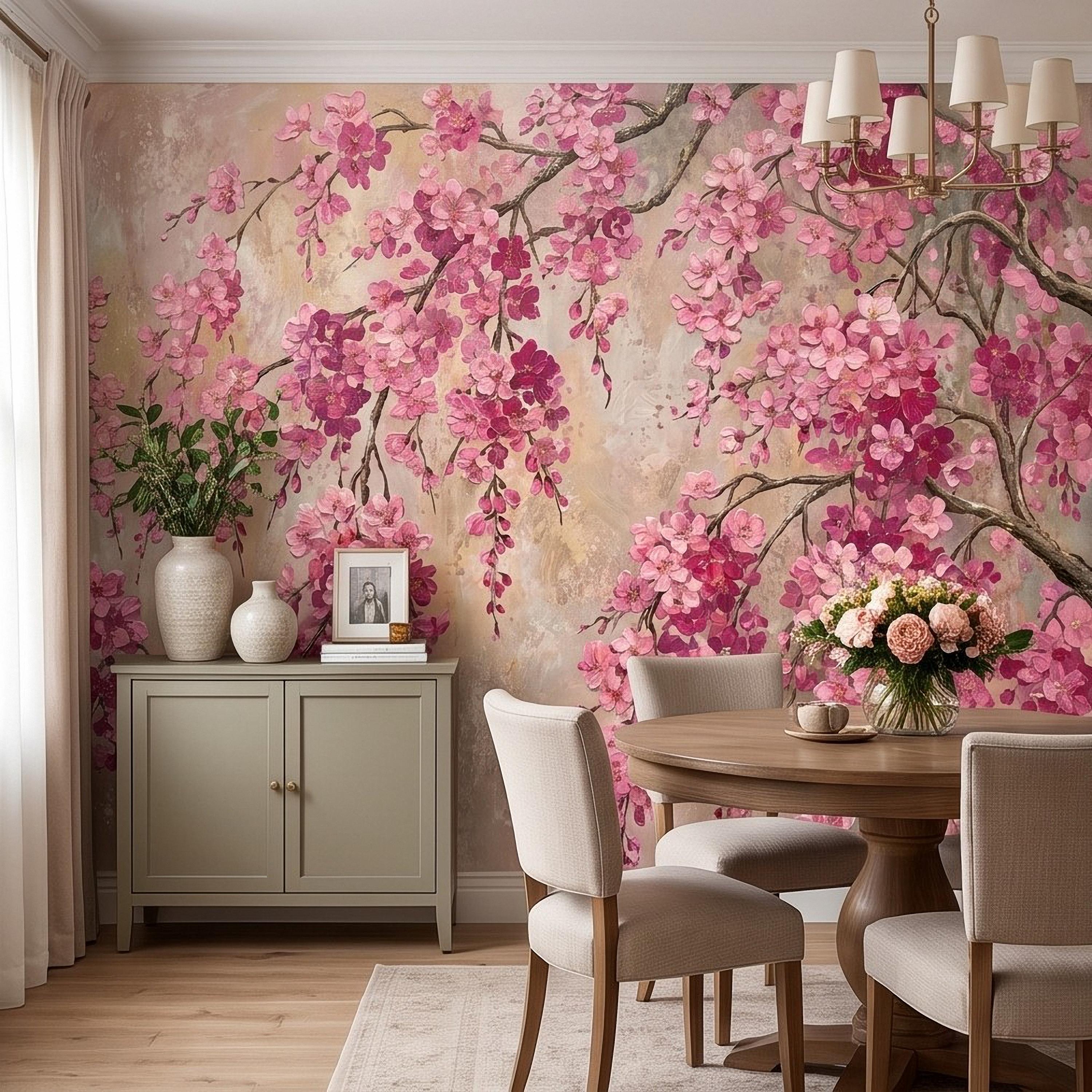 Cherry Blossom Peel and Stick Wall Mural, Pink Sakura Branches Floral Oil Painting Romantic Japanese Spring Wallpaper