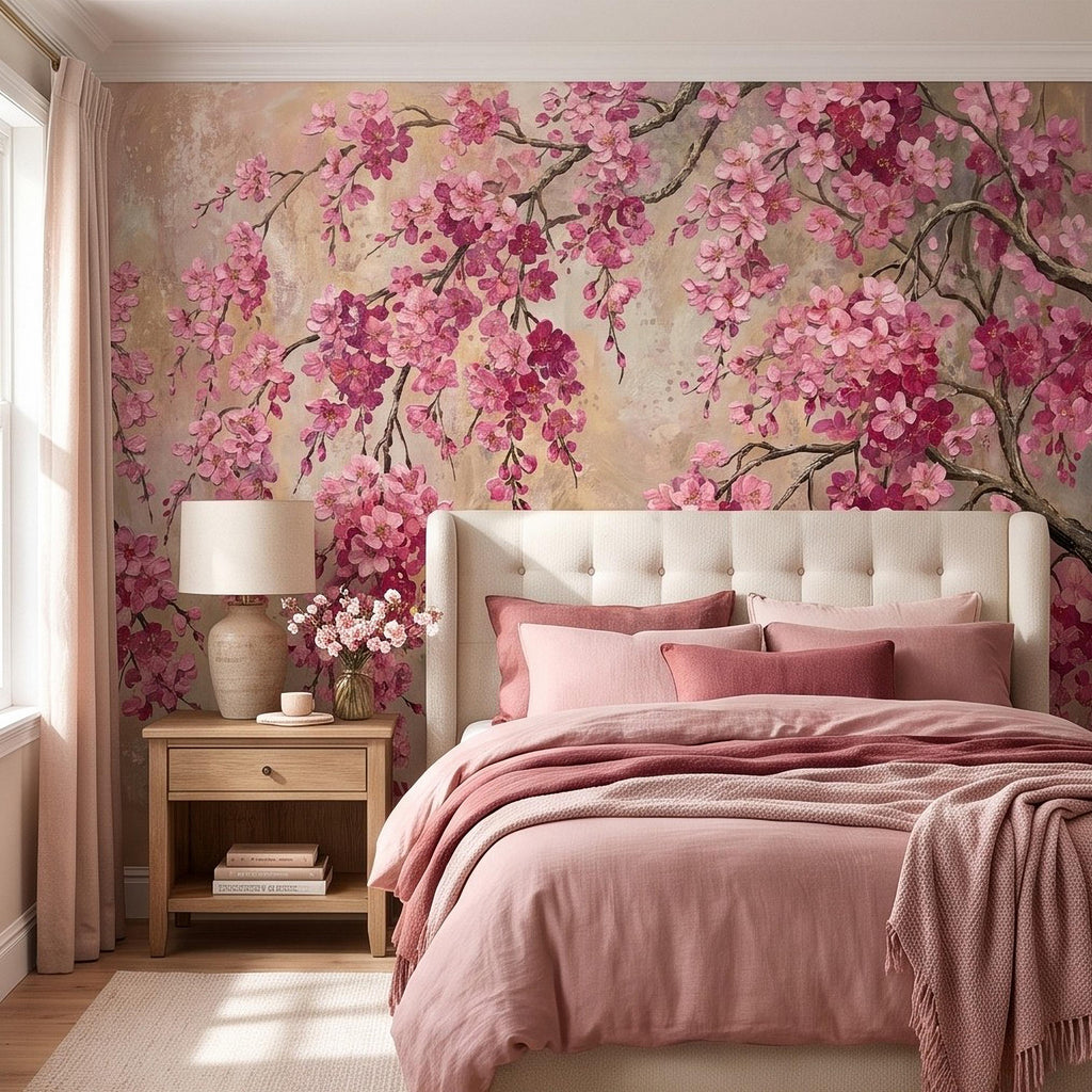 Cherry Blossom Peel and Stick Wall Mural, Pink Sakura Branches Floral Oil Painting Romantic Japanese Spring Wallpaper