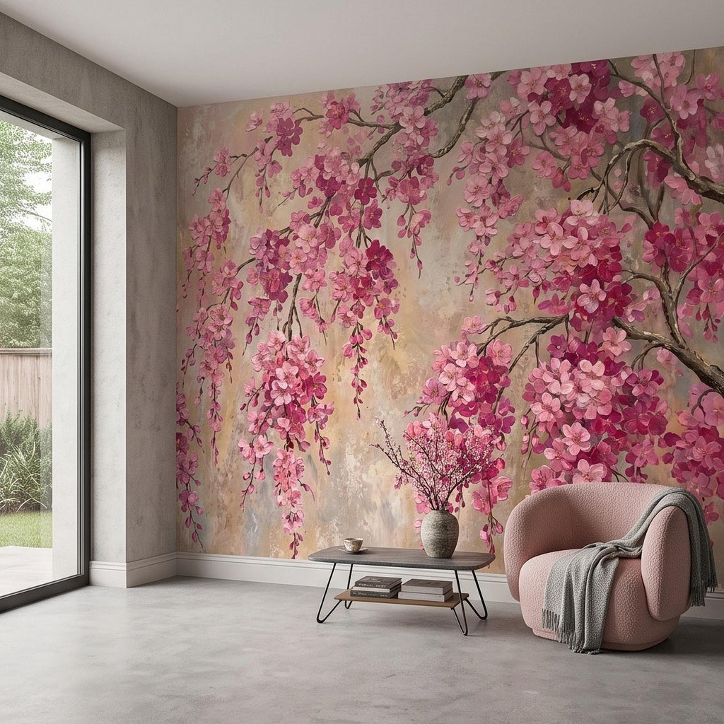 Cherry Blossom Peel and Stick Wall Mural, Pink Sakura Branches Floral Oil Painting Romantic Japanese Spring Wallpaper
