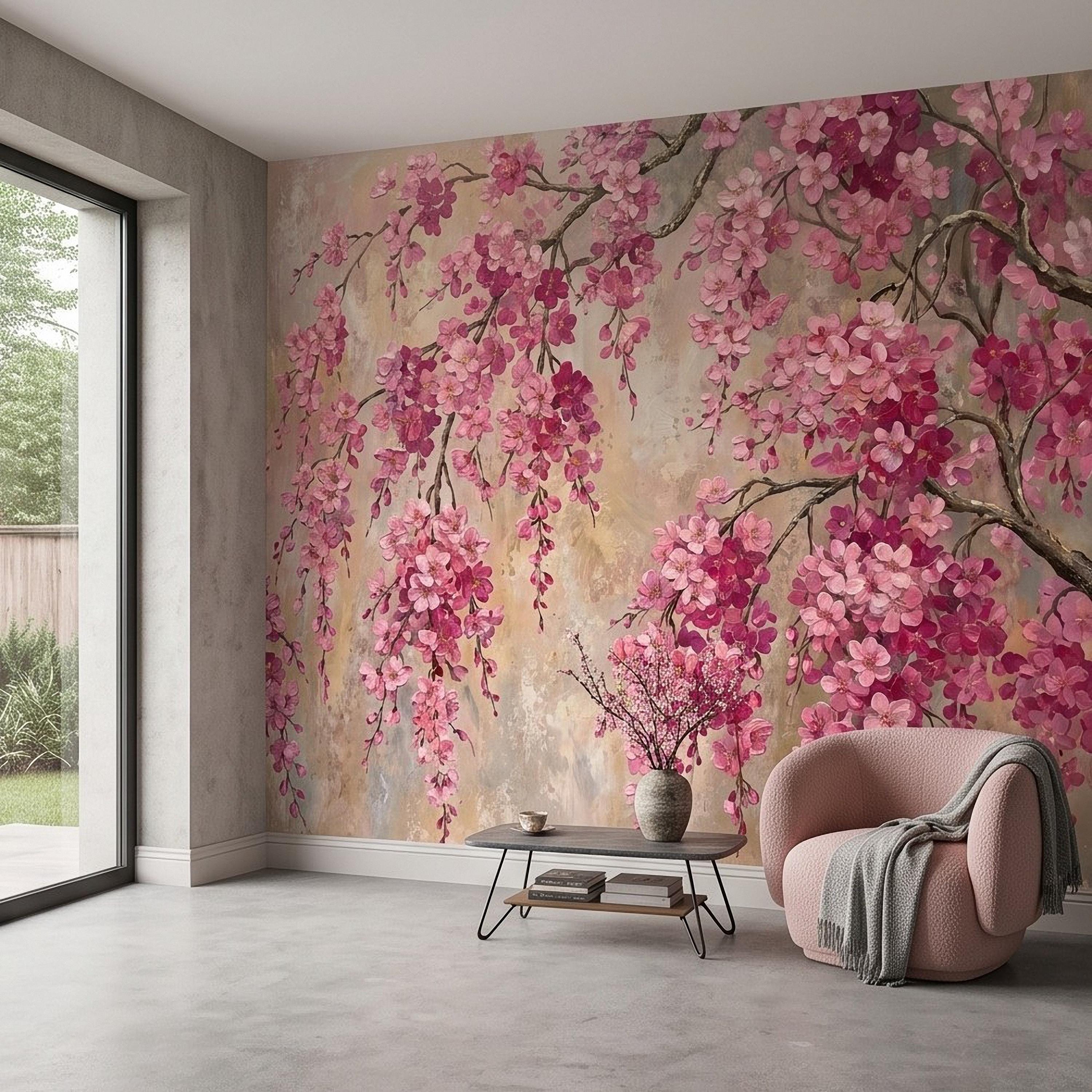 Cherry Blossom Peel and Stick Wall Mural, Pink Sakura Branches Floral Oil Painting Romantic Japanese Spring Wallpaper