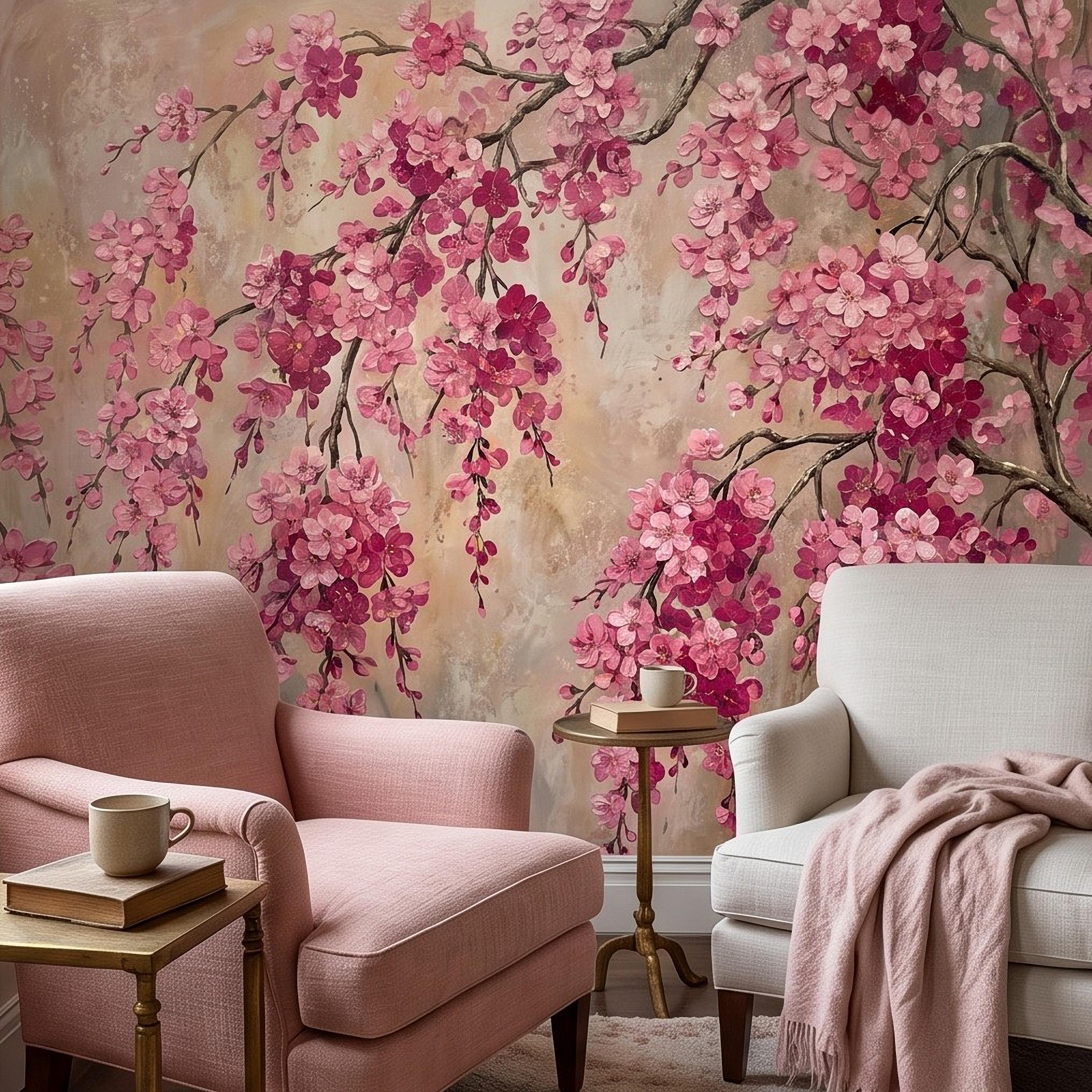 Cherry Blossom Peel and Stick Wall Mural, Pink Sakura Branches Floral Oil Painting Romantic Japanese Spring Wallpaper