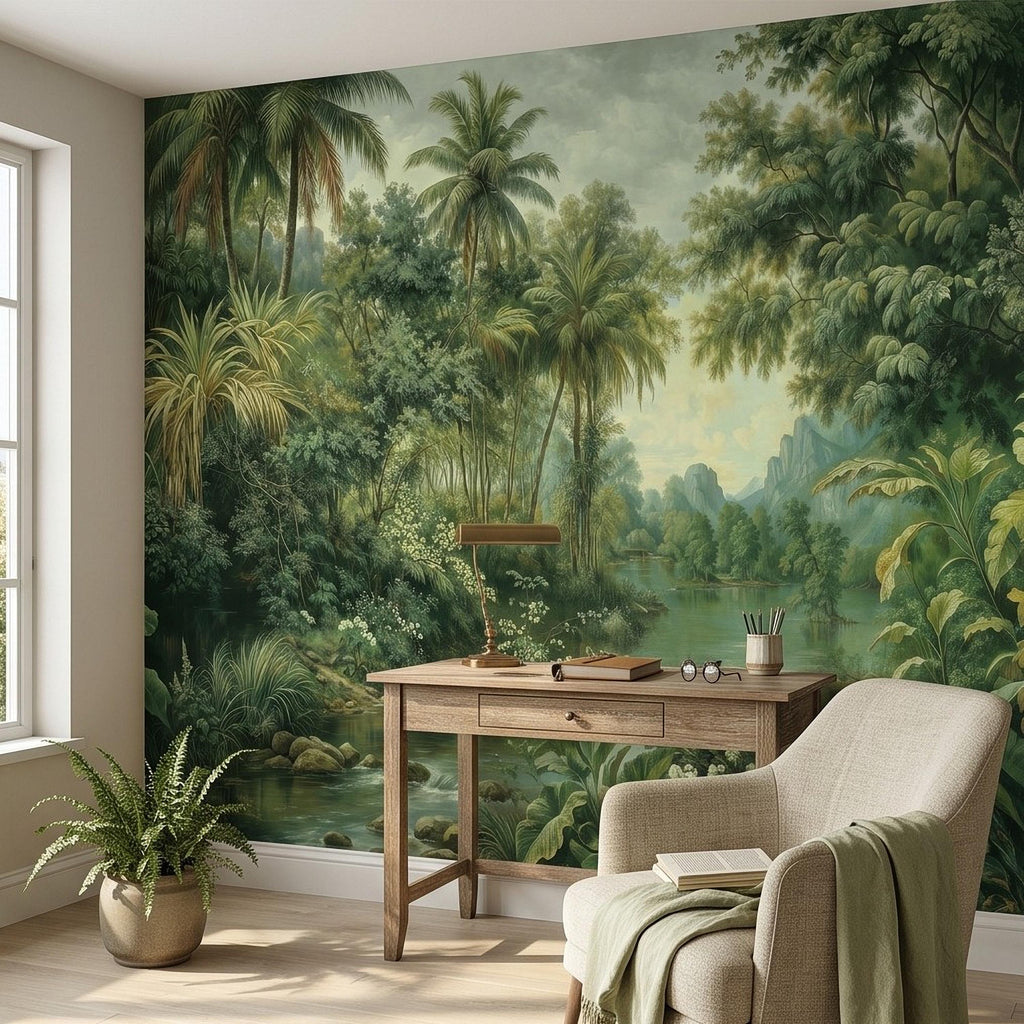 Tropical Landscape Peel and Stick Wall Mural, Lush Rainforest River Palm Trees Vintage Nature Painting Wallpaper