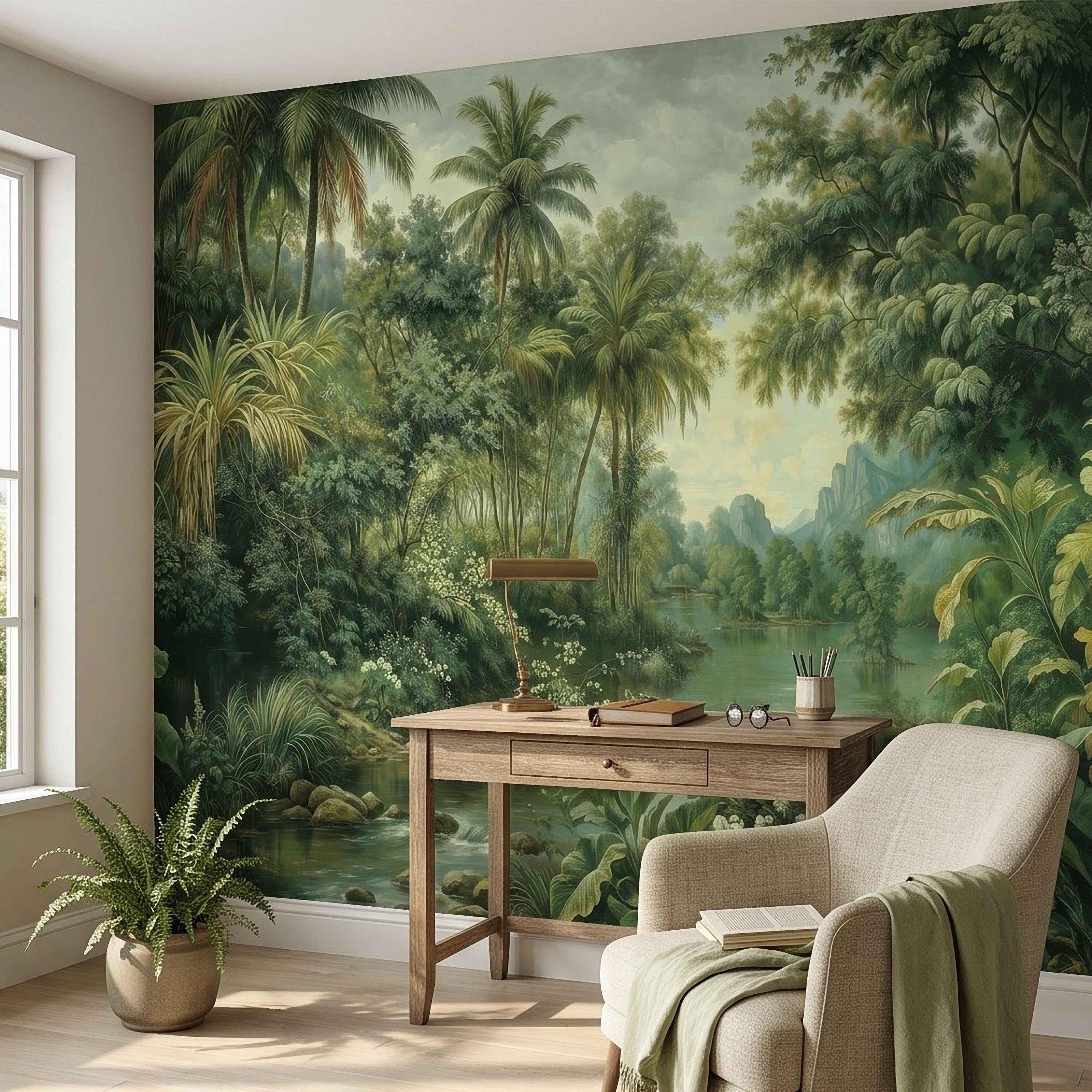 Tropical Landscape Peel and Stick Wall Mural, Lush Rainforest River Palm Trees Vintage Nature Painting Wallpaper