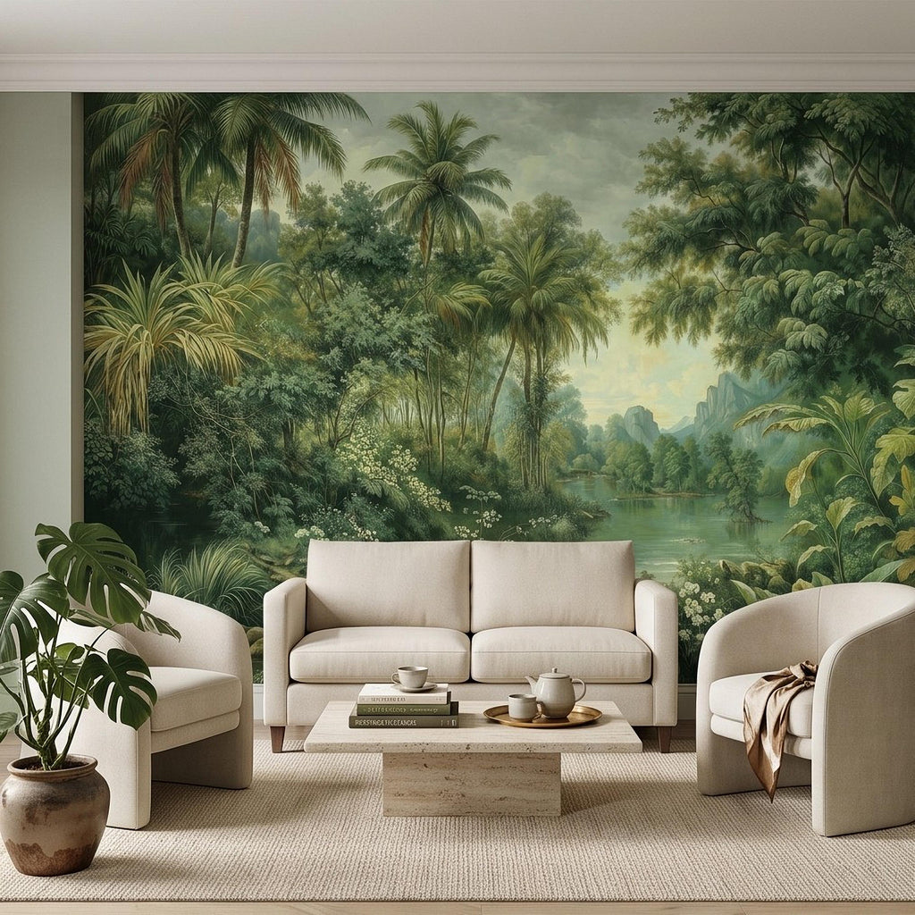 Tropical Landscape Peel and Stick Wall Mural, Lush Rainforest River Palm Trees Vintage Nature Painting Wallpaper