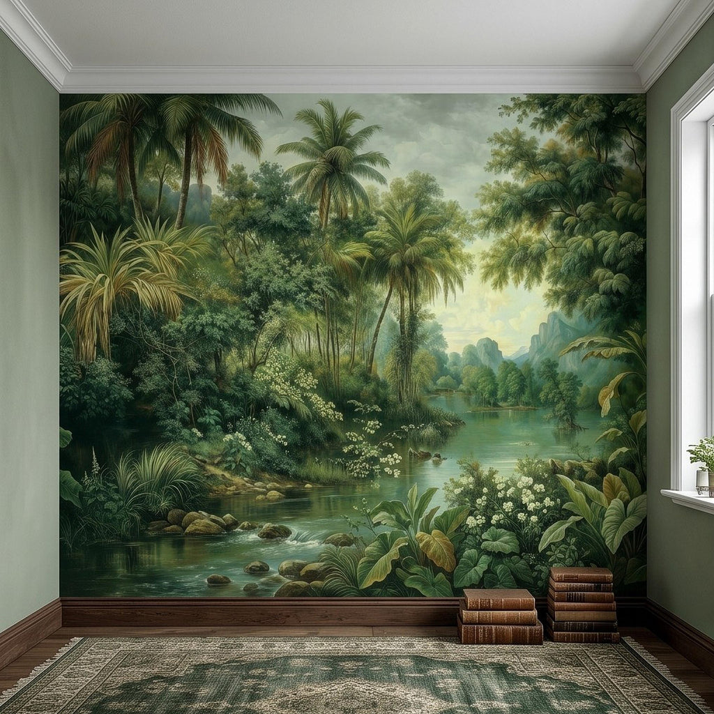 Tropical Landscape Peel and Stick Wall Mural, Lush Rainforest River Palm Trees Vintage Nature Painting Wallpaper
