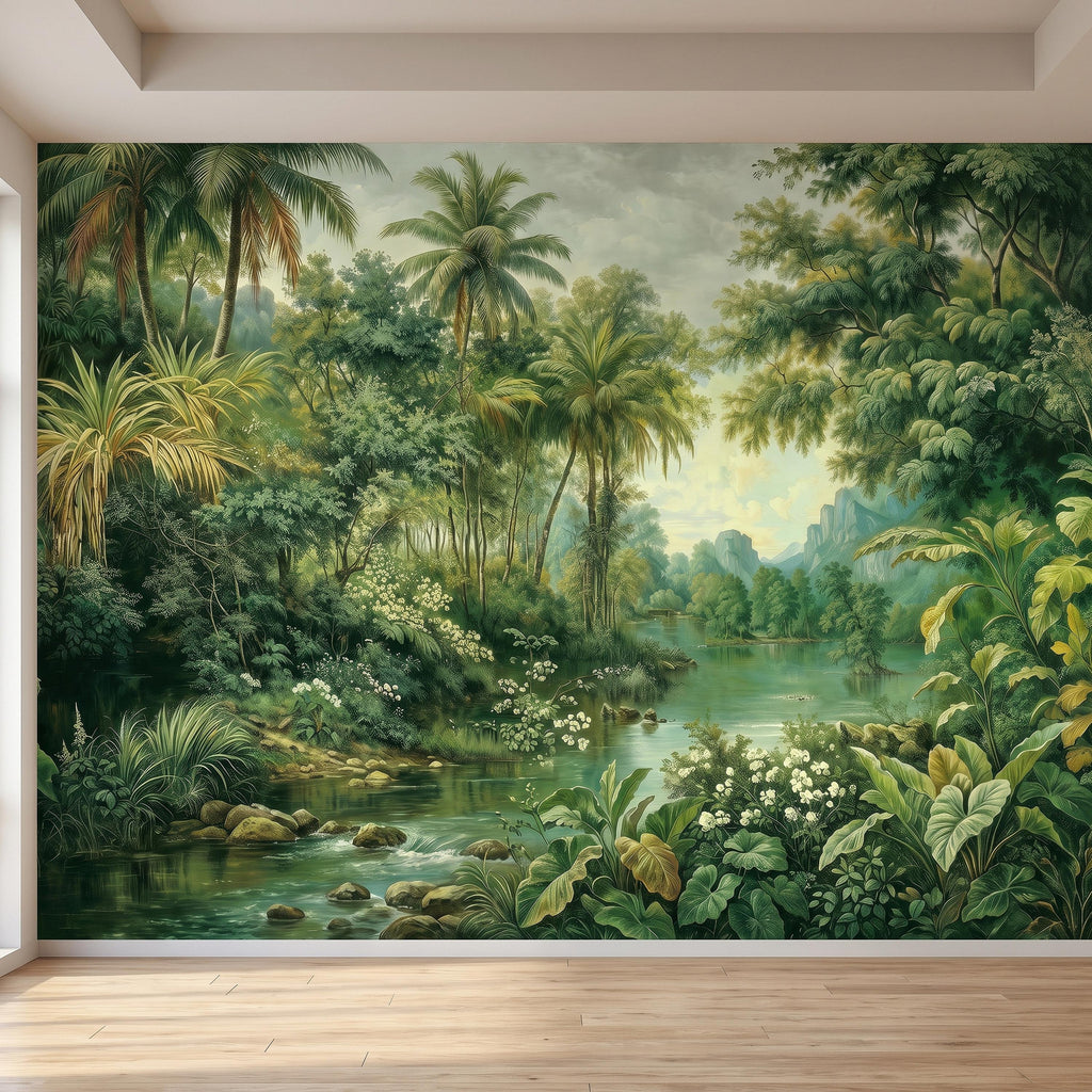 Tropical Landscape Peel and Stick Wall Mural, Lush Rainforest River Palm Trees Vintage Nature Painting Wallpaper