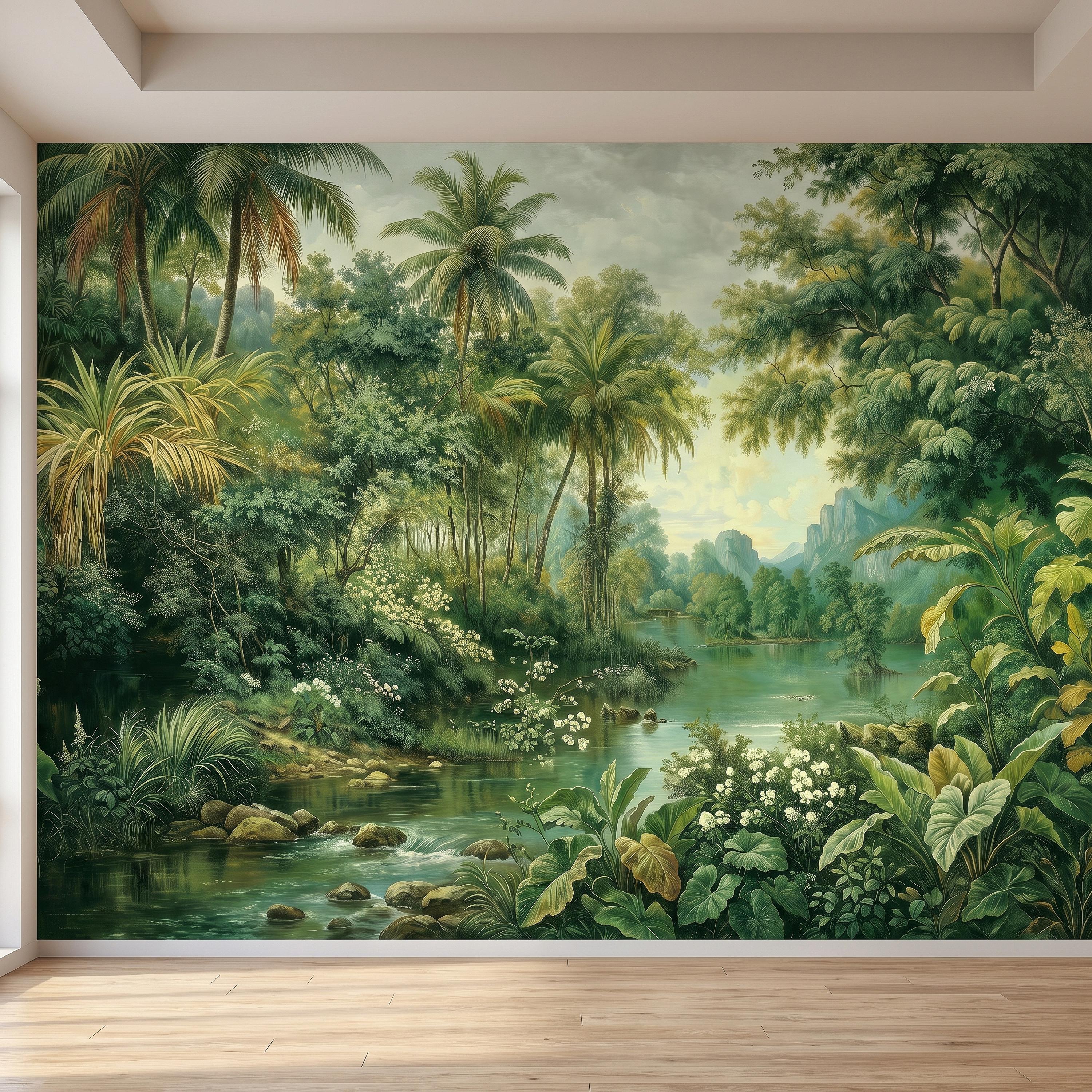 Tropical Landscape Peel and Stick Wall Mural, Lush Rainforest River Palm Trees Vintage Nature Painting Wallpaper