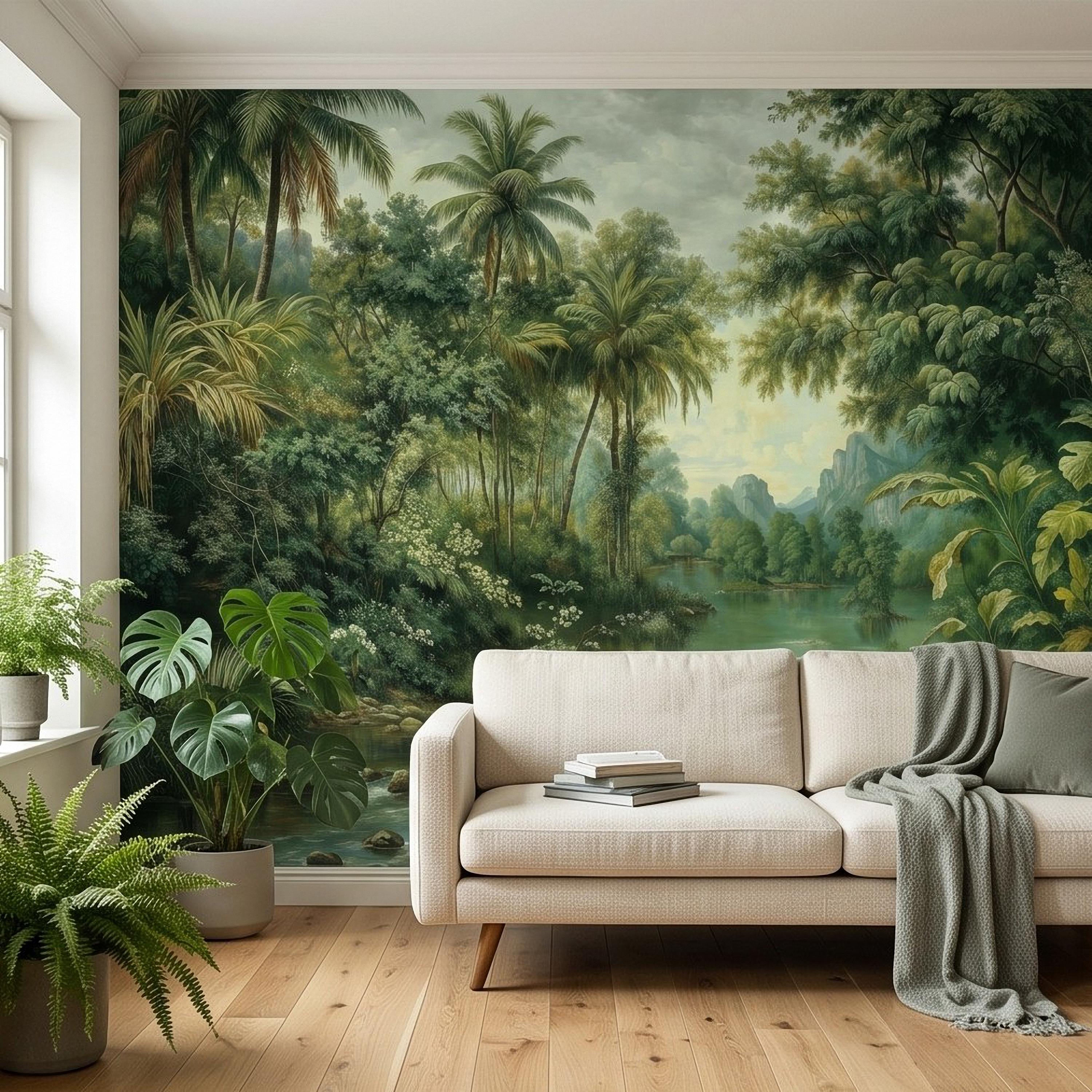 Tropical Landscape Peel and Stick Wall Mural, Lush Rainforest River Palm Trees Vintage Nature Painting Wallpaper