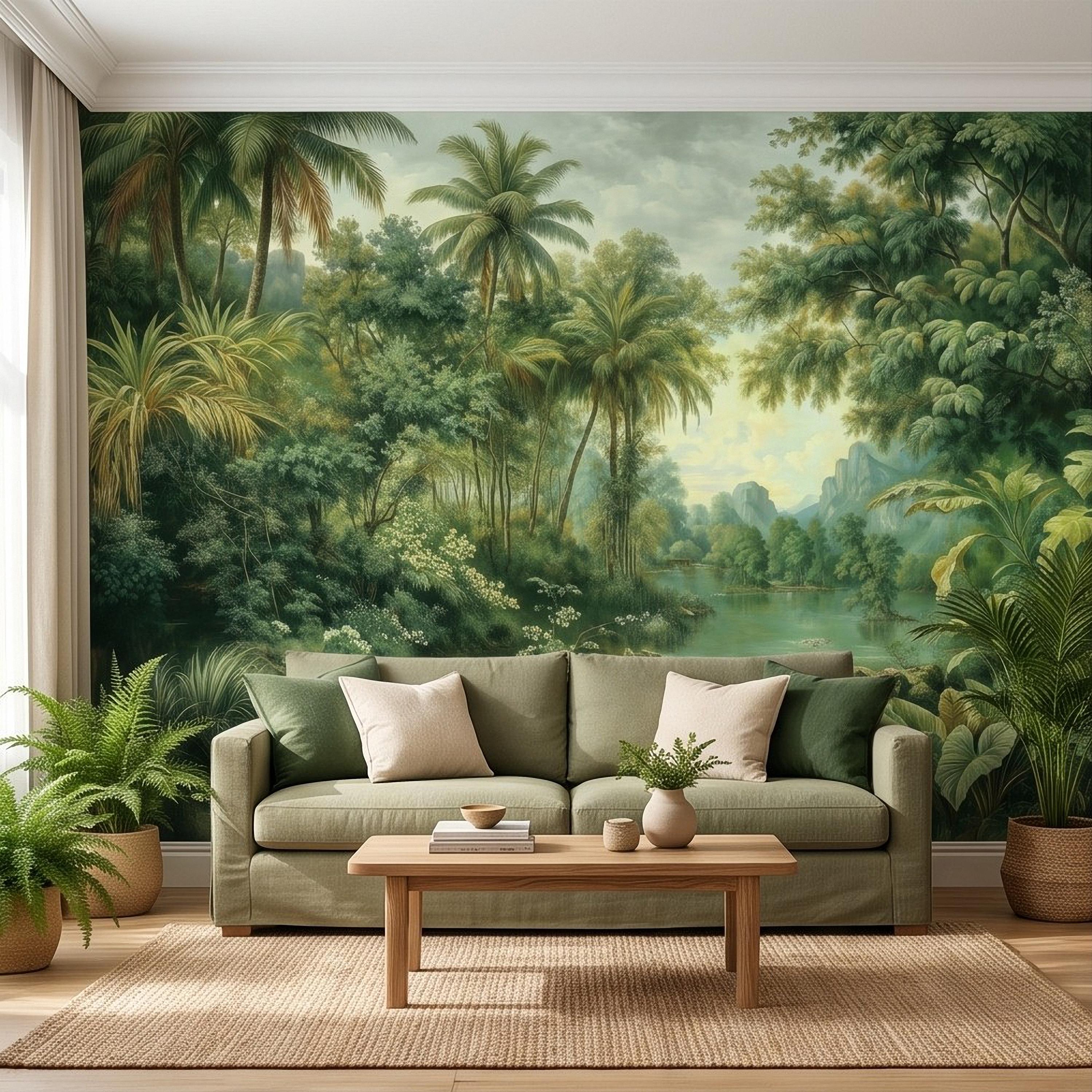 Tropical Landscape Peel and Stick Wall Mural, Lush Rainforest River Palm Trees Vintage Nature Painting Wallpaper