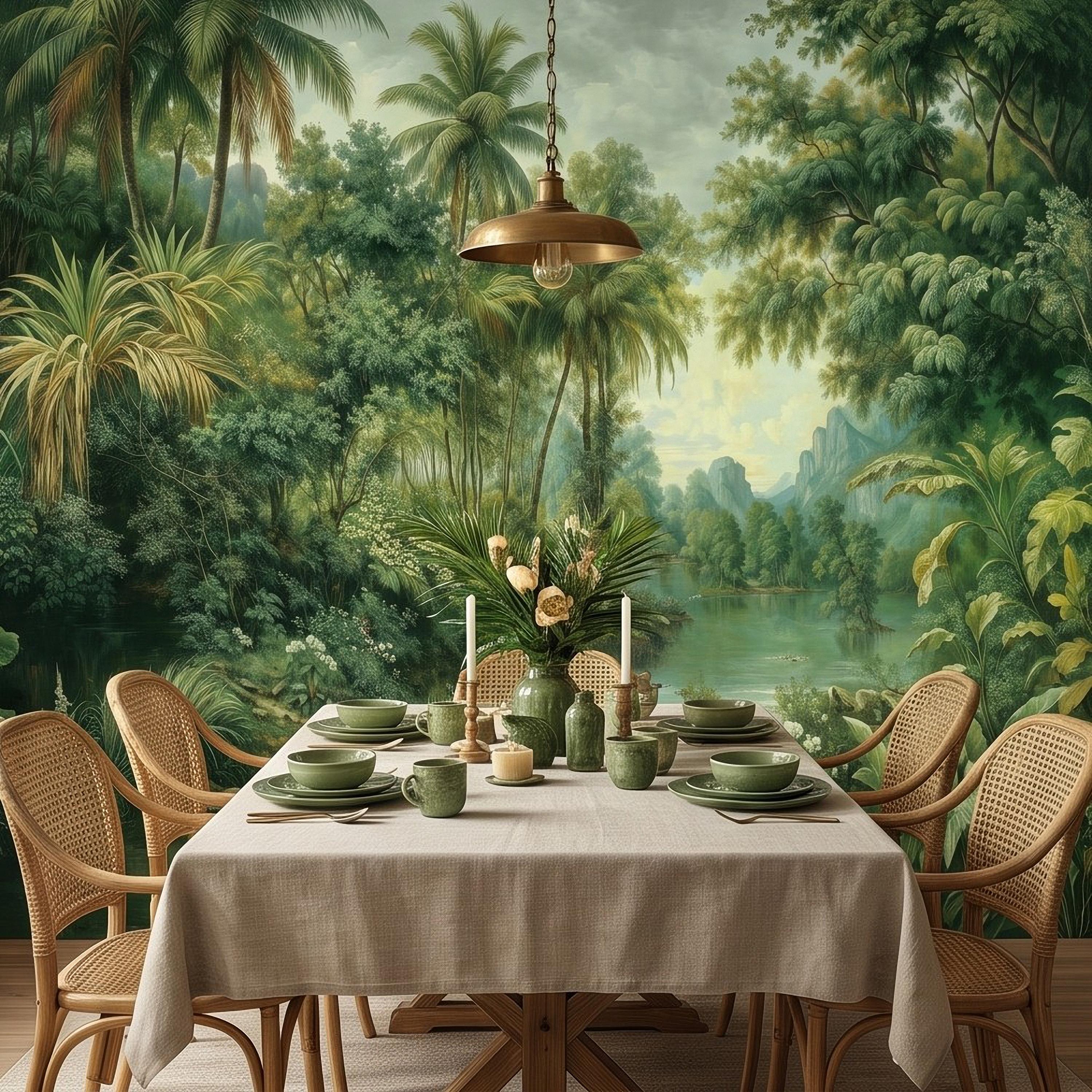 Tropical Landscape Peel and Stick Wall Mural, Lush Rainforest River Palm Trees Vintage Nature Painting Wallpaper