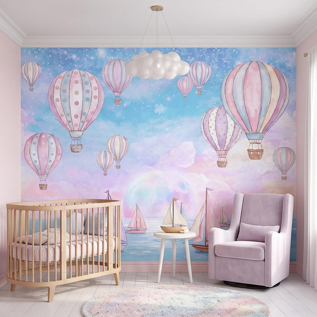 Pastel Hot Air Balloon Peel and Stick Wall Mural, Sailboats Ocean Sky, Dreamy Pink Blue Clouds, Whimsical Watercolor Kids Wallpaper