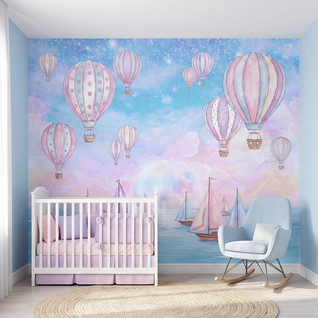Pastel Hot Air Balloon Peel and Stick Wall Mural, Sailboats Ocean Sky, Dreamy Pink Blue Clouds, Whimsical Watercolor Kids Wallpaper