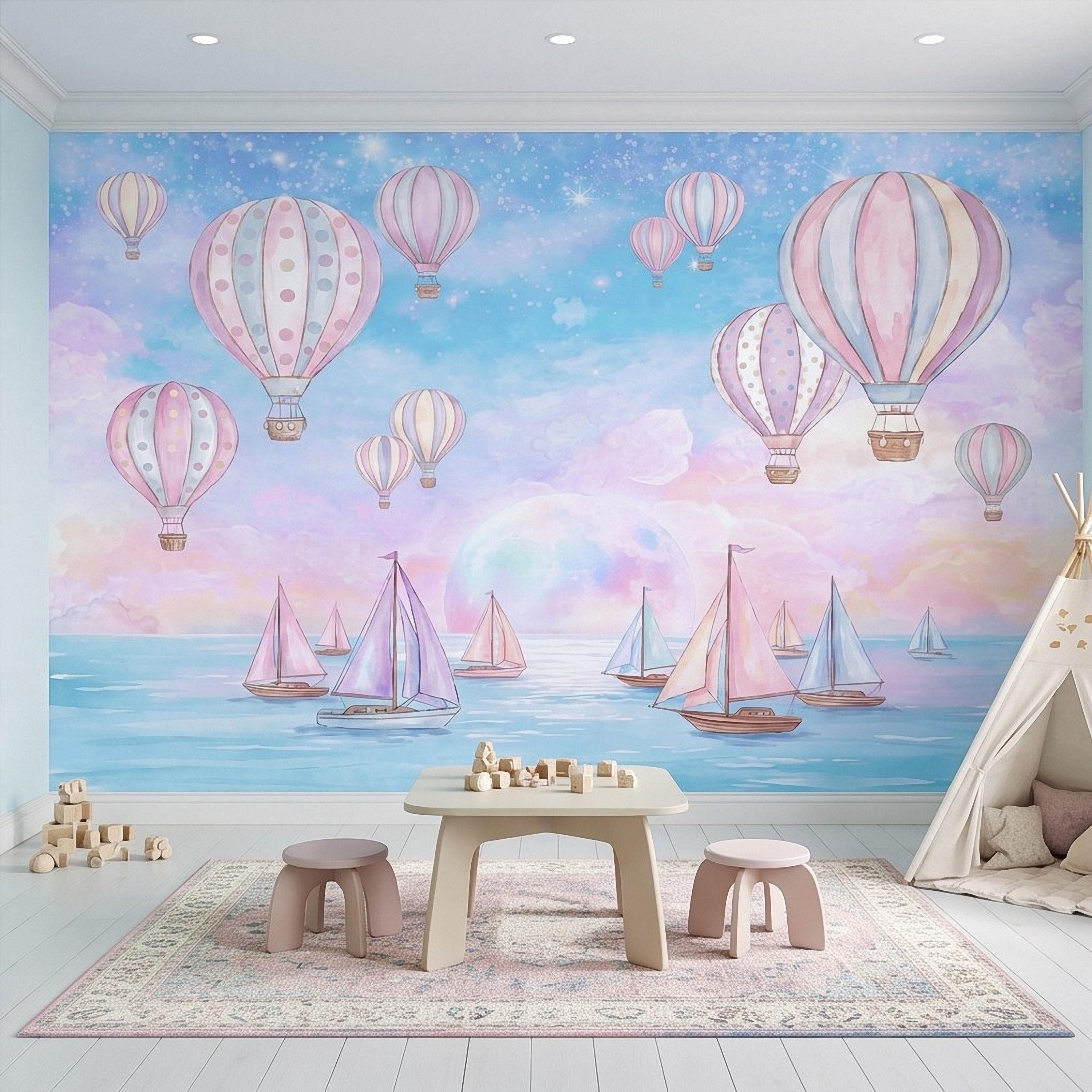 Pastel Hot Air Balloon Peel and Stick Wall Mural, Sailboats Ocean Sky, Dreamy Pink Blue Clouds, Whimsical Watercolor Kids Wallpaper