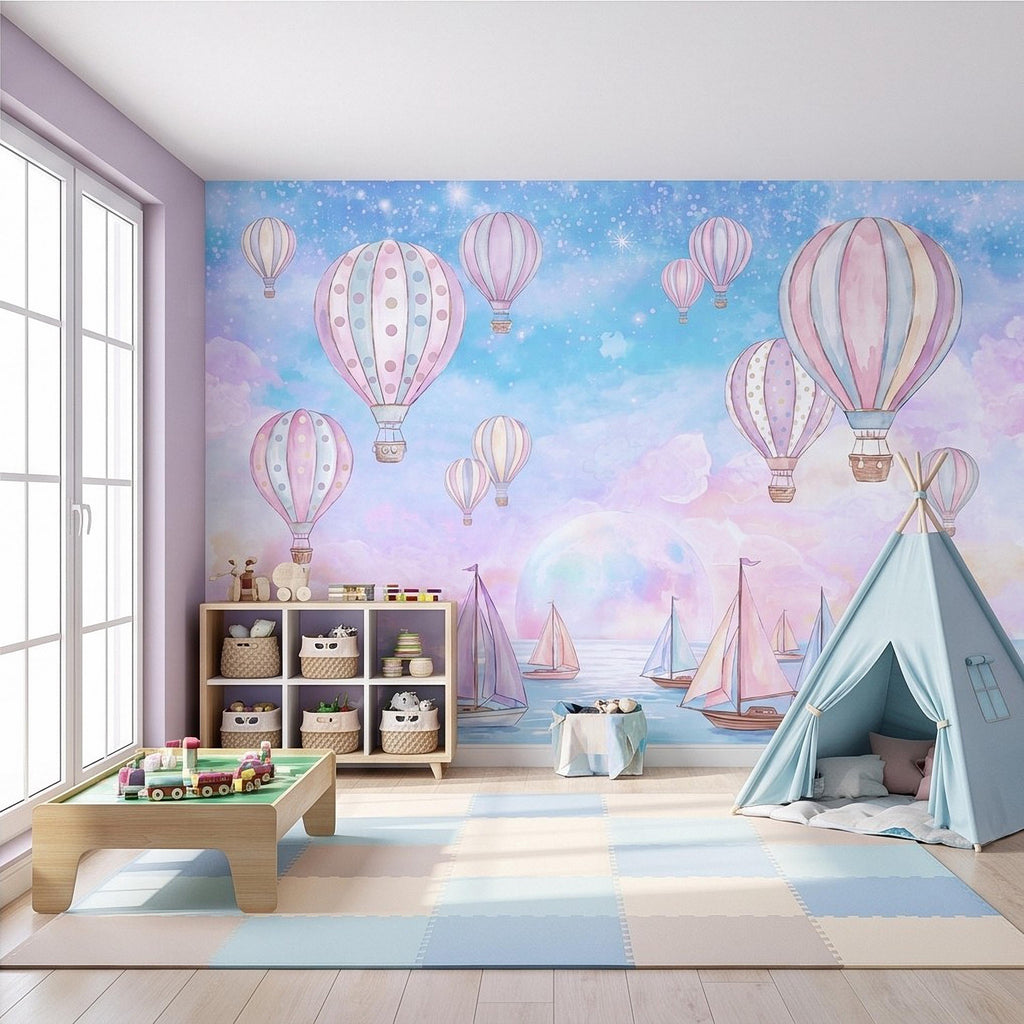 Pastel Hot Air Balloon Peel and Stick Wall Mural, Sailboats Ocean Sky, Dreamy Pink Blue Clouds, Whimsical Watercolor Kids Wallpaper
