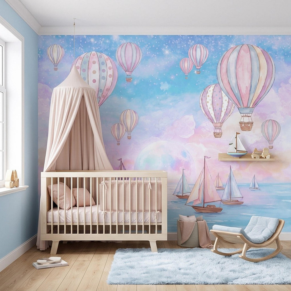 Pastel Hot Air Balloon Peel and Stick Wall Mural, Sailboats Ocean Sky, Dreamy Pink Blue Clouds, Whimsical Watercolor Kids Wallpaper