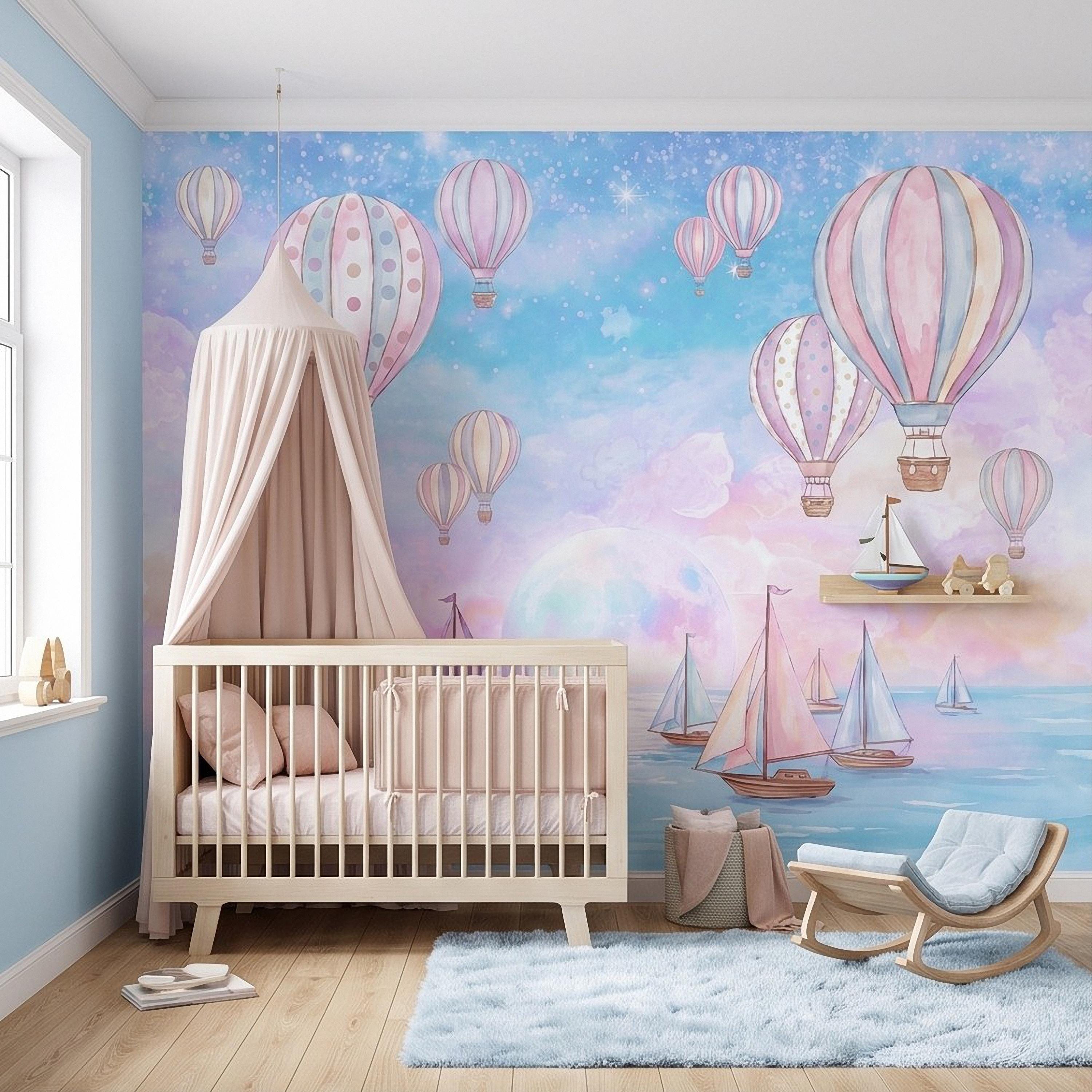Pastel Hot Air Balloon Peel and Stick Wall Mural, Sailboats Ocean Sky, Dreamy Pink Blue Clouds, Whimsical Watercolor Kids Wallpaper