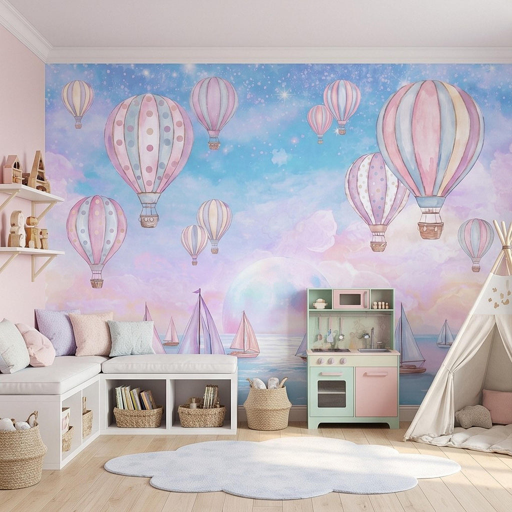 Pastel Hot Air Balloon Peel and Stick Wall Mural, Sailboats Ocean Sky, Dreamy Pink Blue Clouds, Whimsical Watercolor Kids Wallpaper