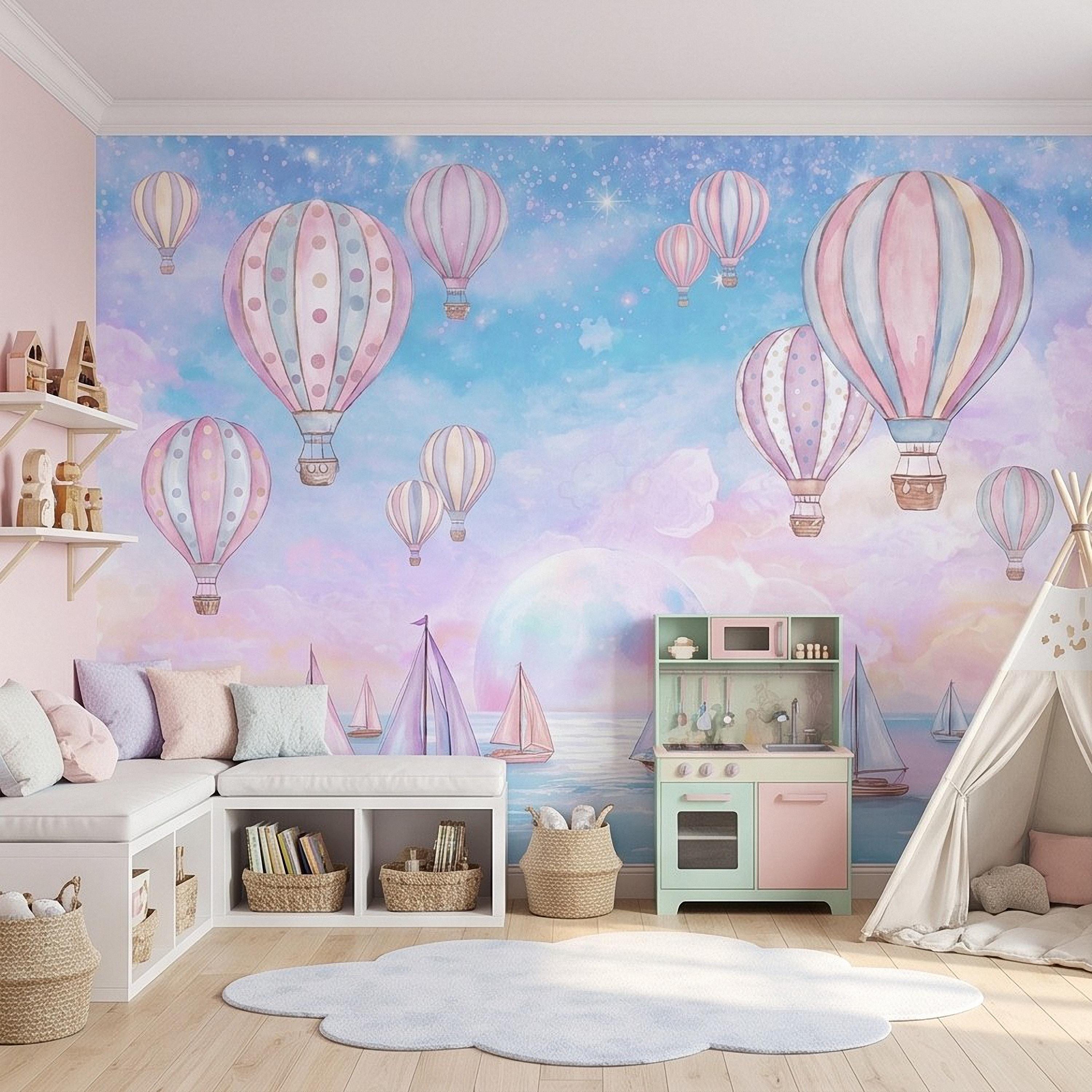 Pastel Hot Air Balloon Peel and Stick Wall Mural, Sailboats Ocean Sky, Dreamy Pink Blue Clouds, Whimsical Watercolor Kids Wallpaper