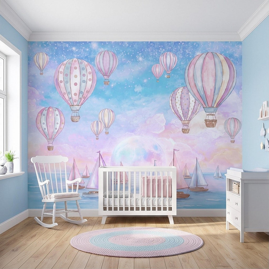 Pastel Hot Air Balloon Peel and Stick Wall Mural, Sailboats Ocean Sky, Dreamy Pink Blue Clouds, Whimsical Watercolor Kids Wallpaper