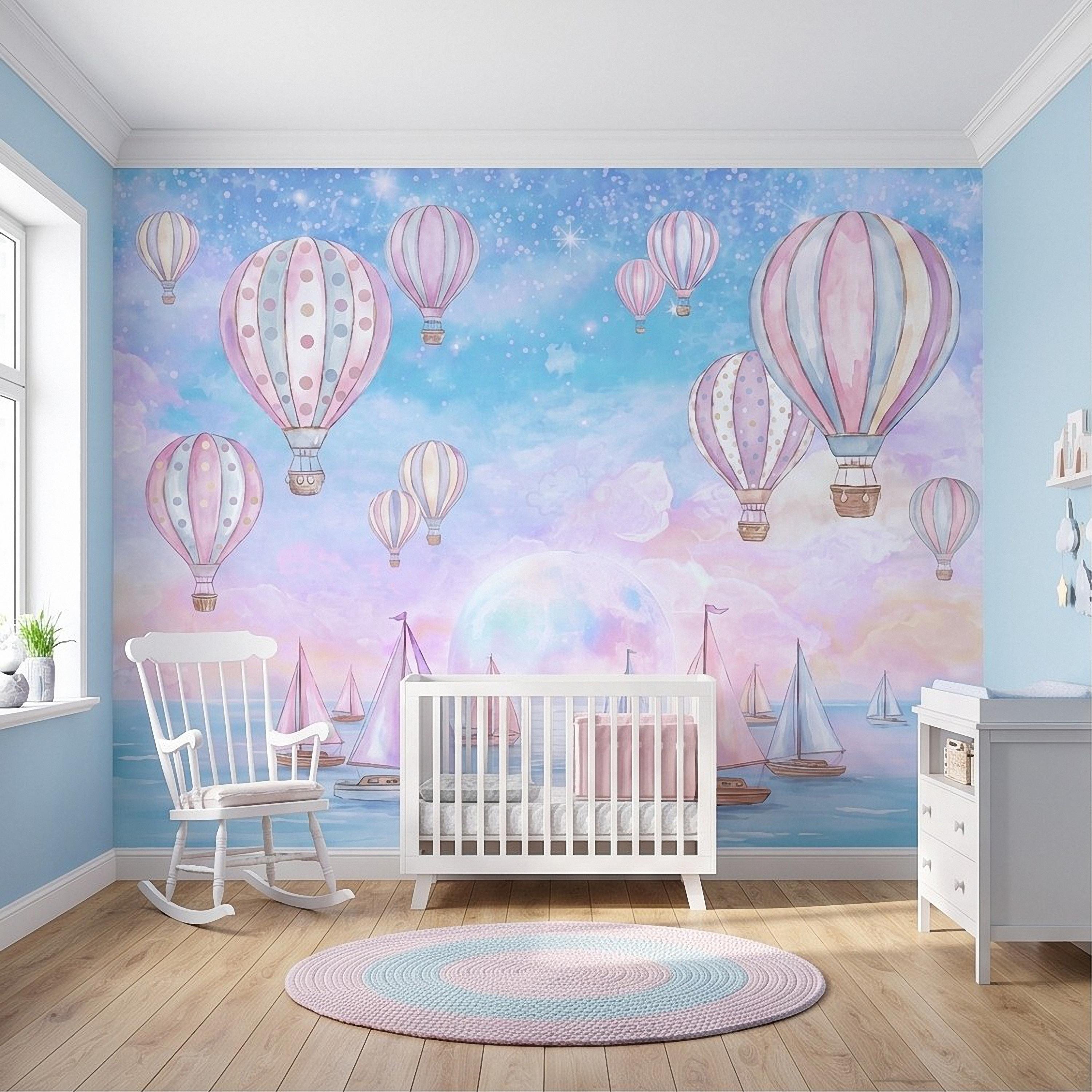 Pastel Hot Air Balloon Peel and Stick Wall Mural, Sailboats Ocean Sky, Dreamy Pink Blue Clouds, Whimsical Watercolor Kids Wallpaper