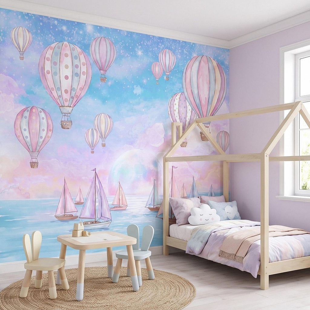 Pastel Hot Air Balloon Peel and Stick Wall Mural, Sailboats Ocean Sky, Dreamy Pink Blue Clouds, Whimsical Watercolor Kids Wallpaper