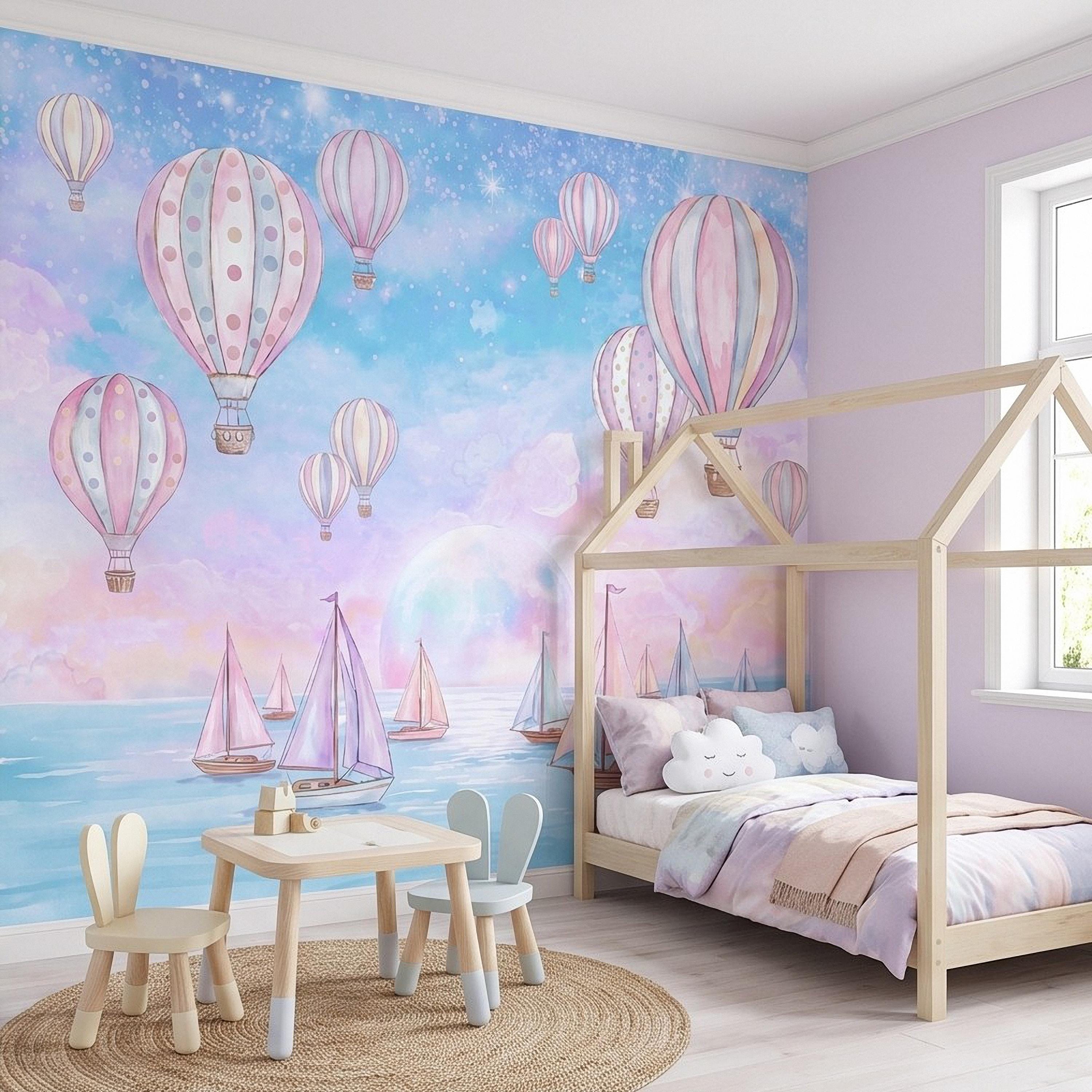 Pastel Hot Air Balloon Peel and Stick Wall Mural, Sailboats Ocean Sky, Dreamy Pink Blue Clouds, Whimsical Watercolor Kids Wallpaper