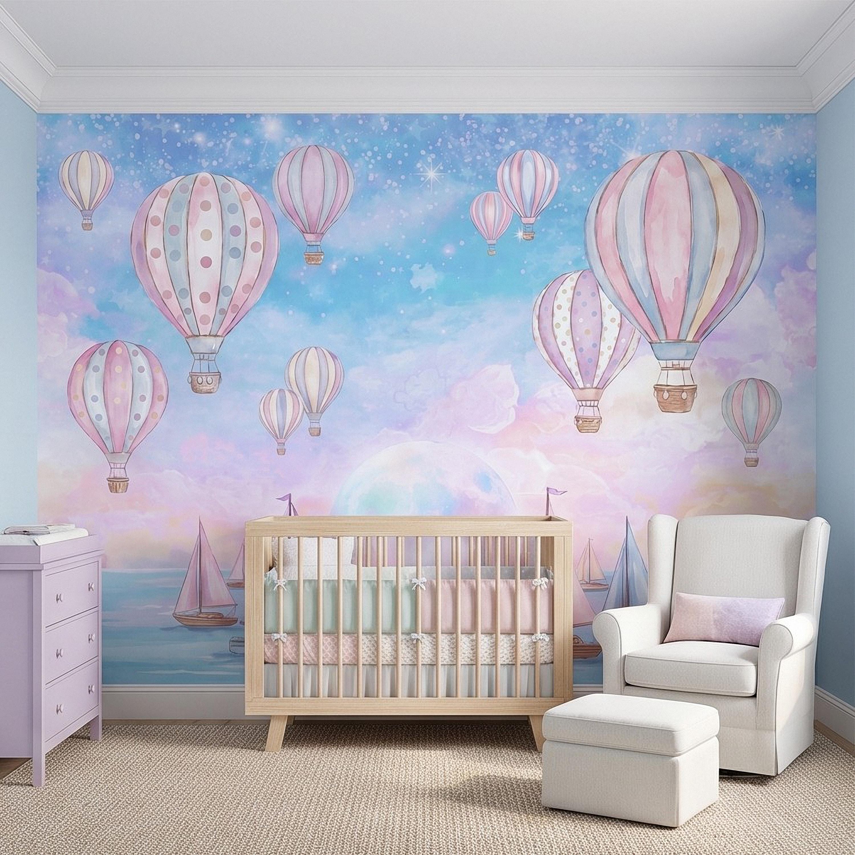 Pastel Hot Air Balloon Peel and Stick Wall Mural, Sailboats Ocean Sky, Dreamy Pink Blue Clouds, Whimsical Watercolor Kids Wallpaper