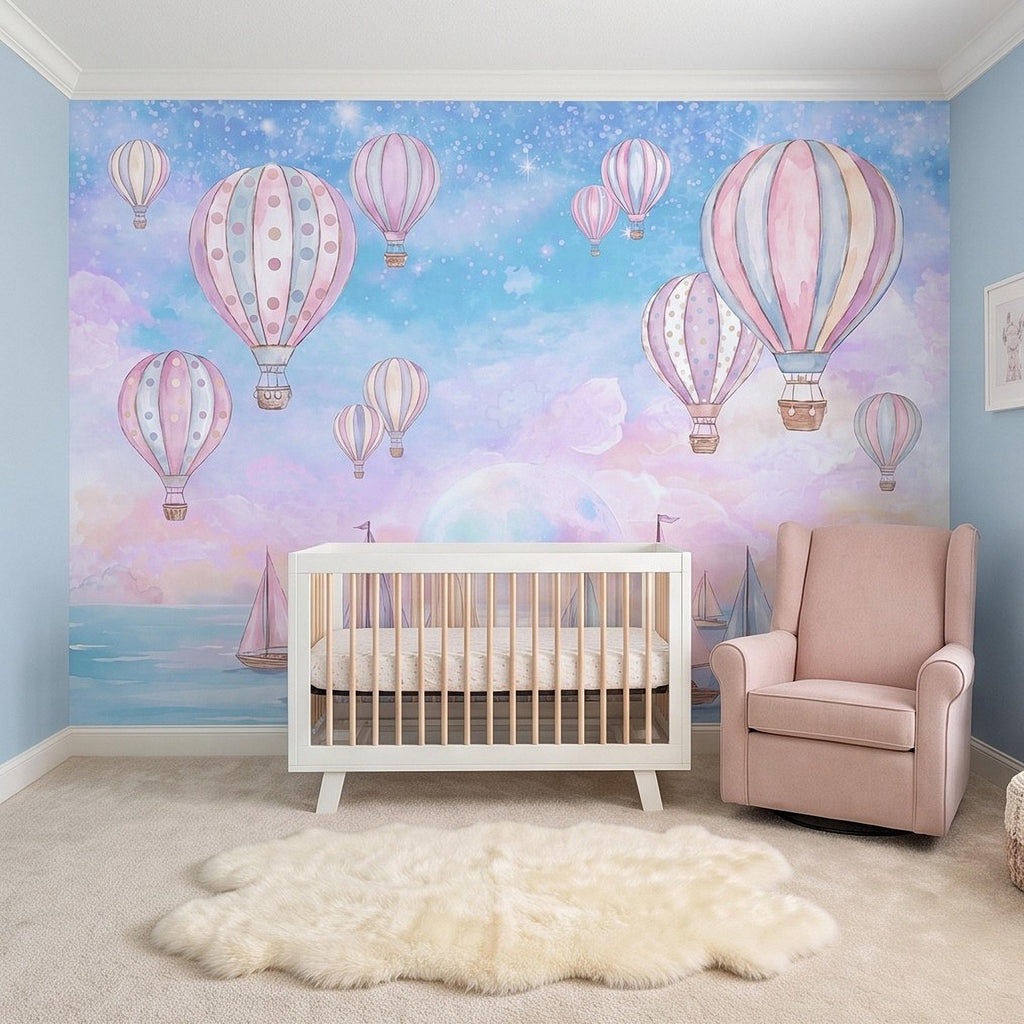 Pastel Hot Air Balloon Peel and Stick Wall Mural, Sailboats Ocean Sky, Dreamy Pink Blue Clouds, Whimsical Watercolor Kids Wallpaper