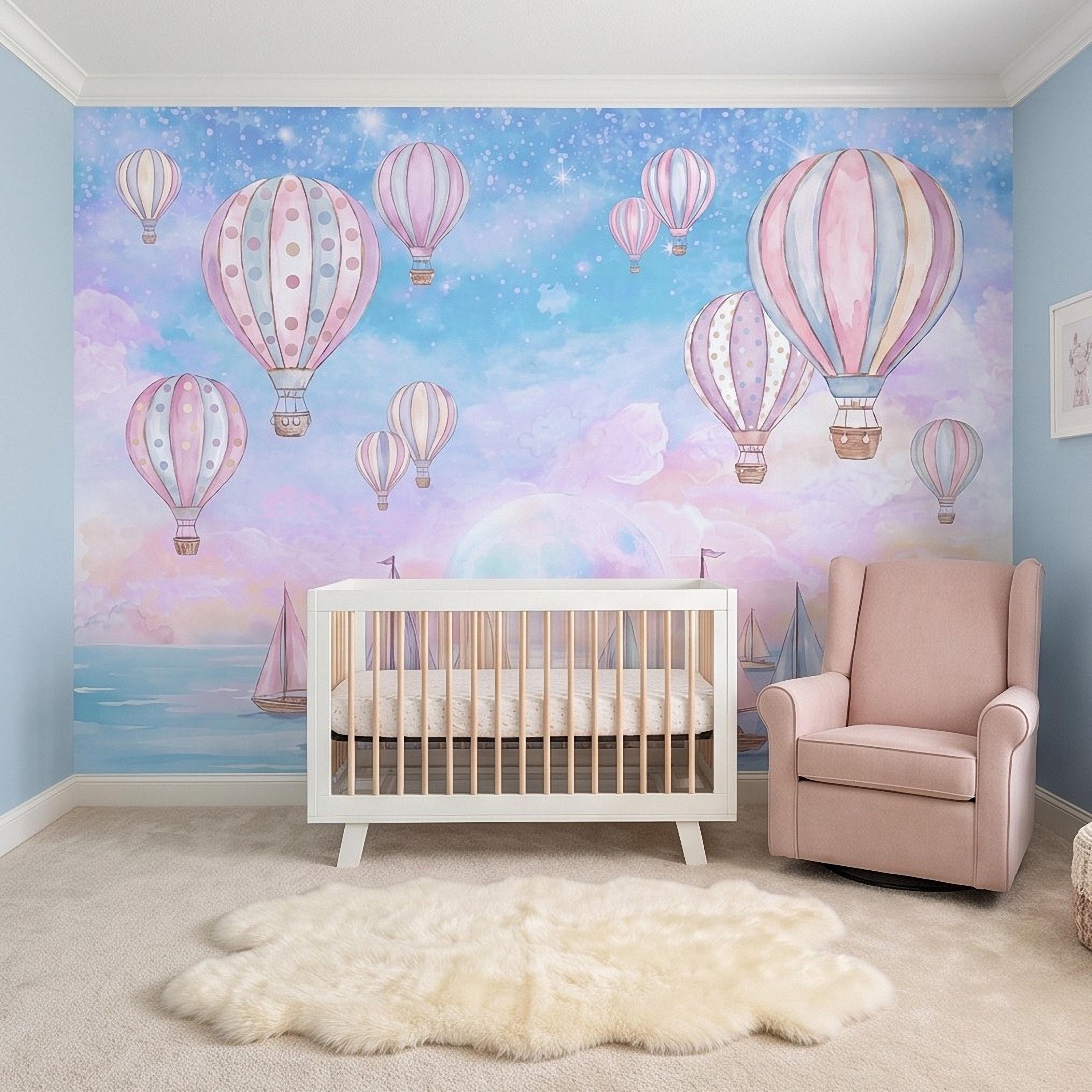 Pastel Hot Air Balloon Peel and Stick Wall Mural, Sailboats Ocean Sky, Dreamy Pink Blue Clouds, Whimsical Watercolor Kids Wallpaper