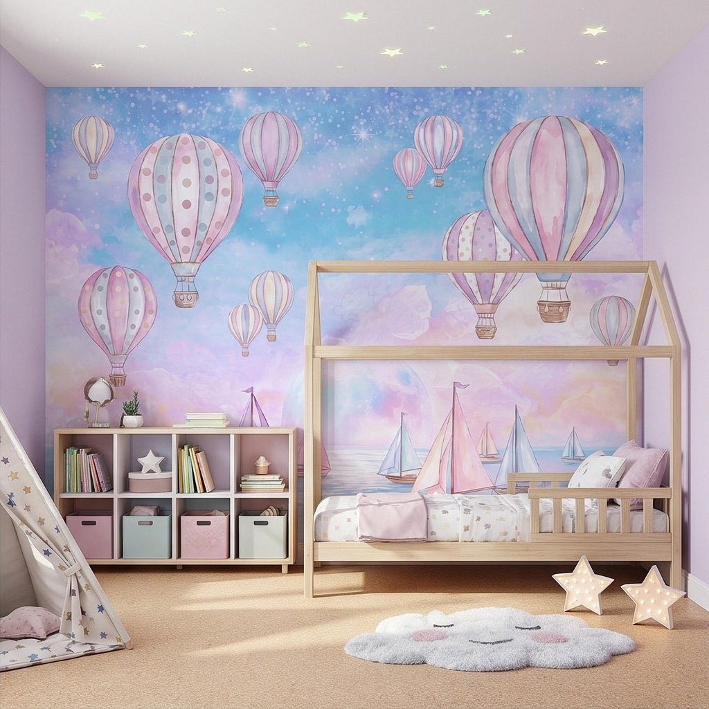 Pastel Hot Air Balloon Peel and Stick Wall Mural, Sailboats Ocean Sky, Dreamy Pink Blue Clouds, Whimsical Watercolor Kids Wallpaper